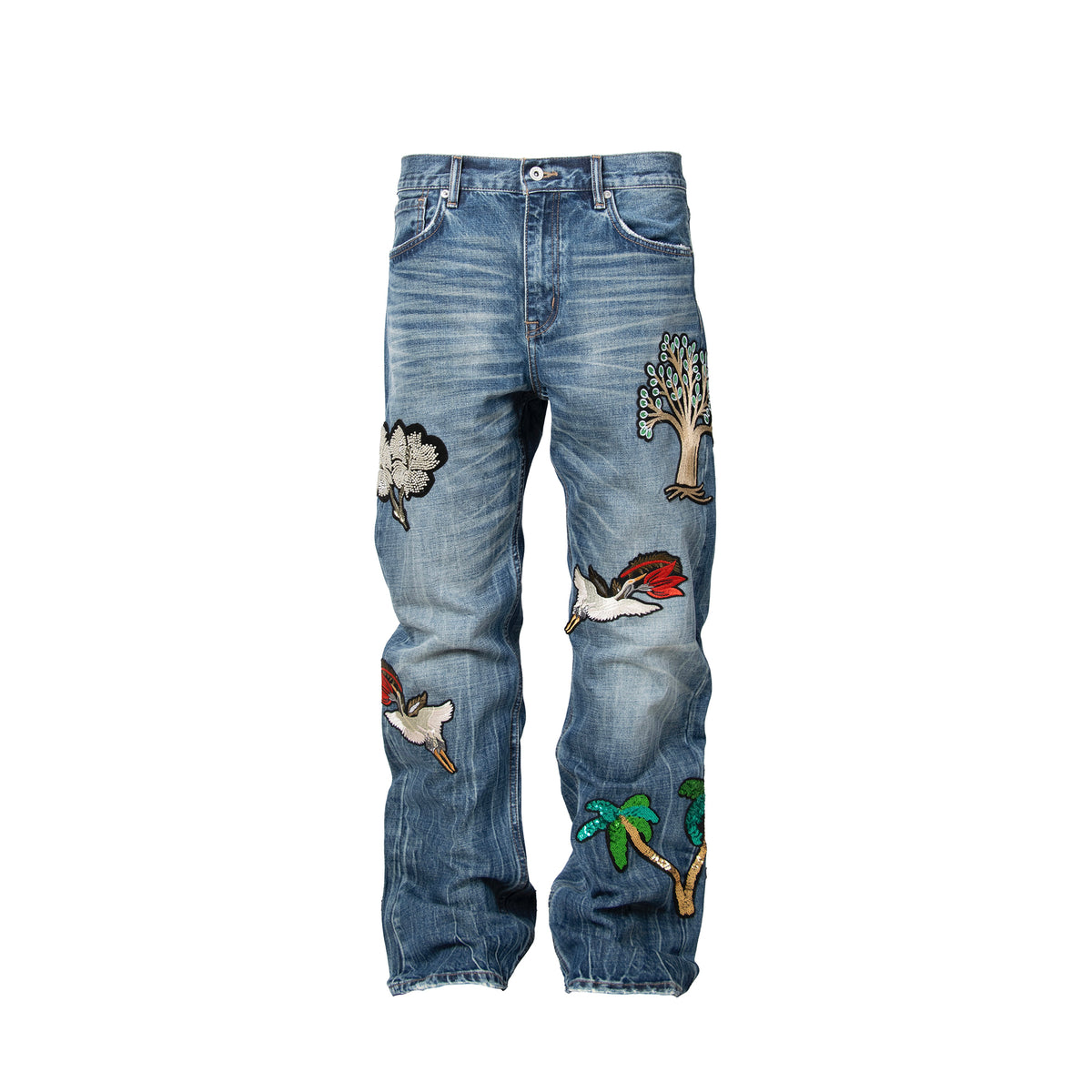 ZWDH Embroidered Washed Crinkled Straight-Leg Jeans