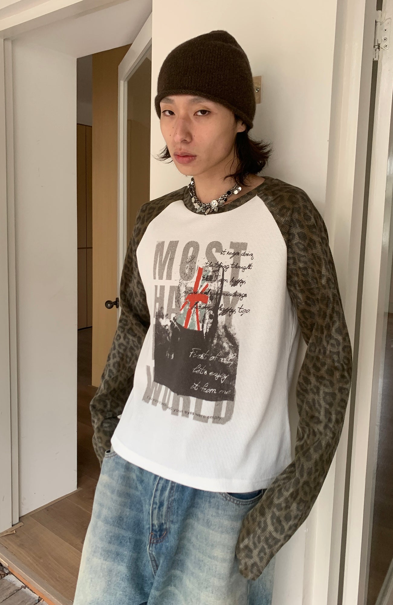 SADSOUP Leopard Raglan Waffle Long-Sleeve Tee