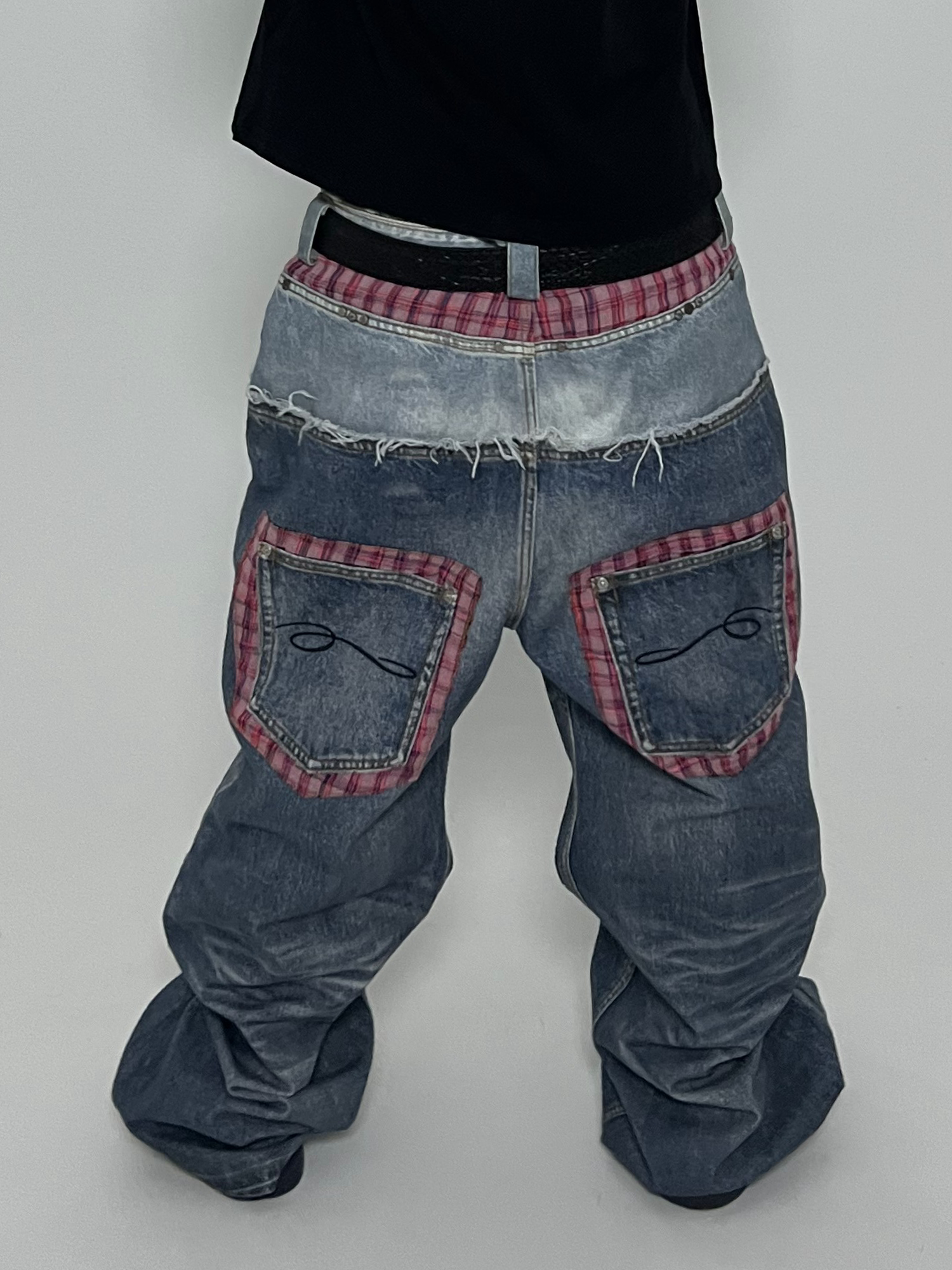 TECNINEGROUP Washed Plaid Paneled Double-Waist Jeans