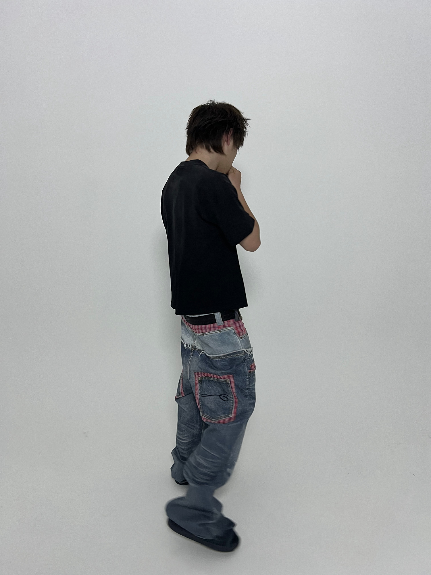 TECNINEGROUP Washed Plaid Paneled Double-Waist Jeans
