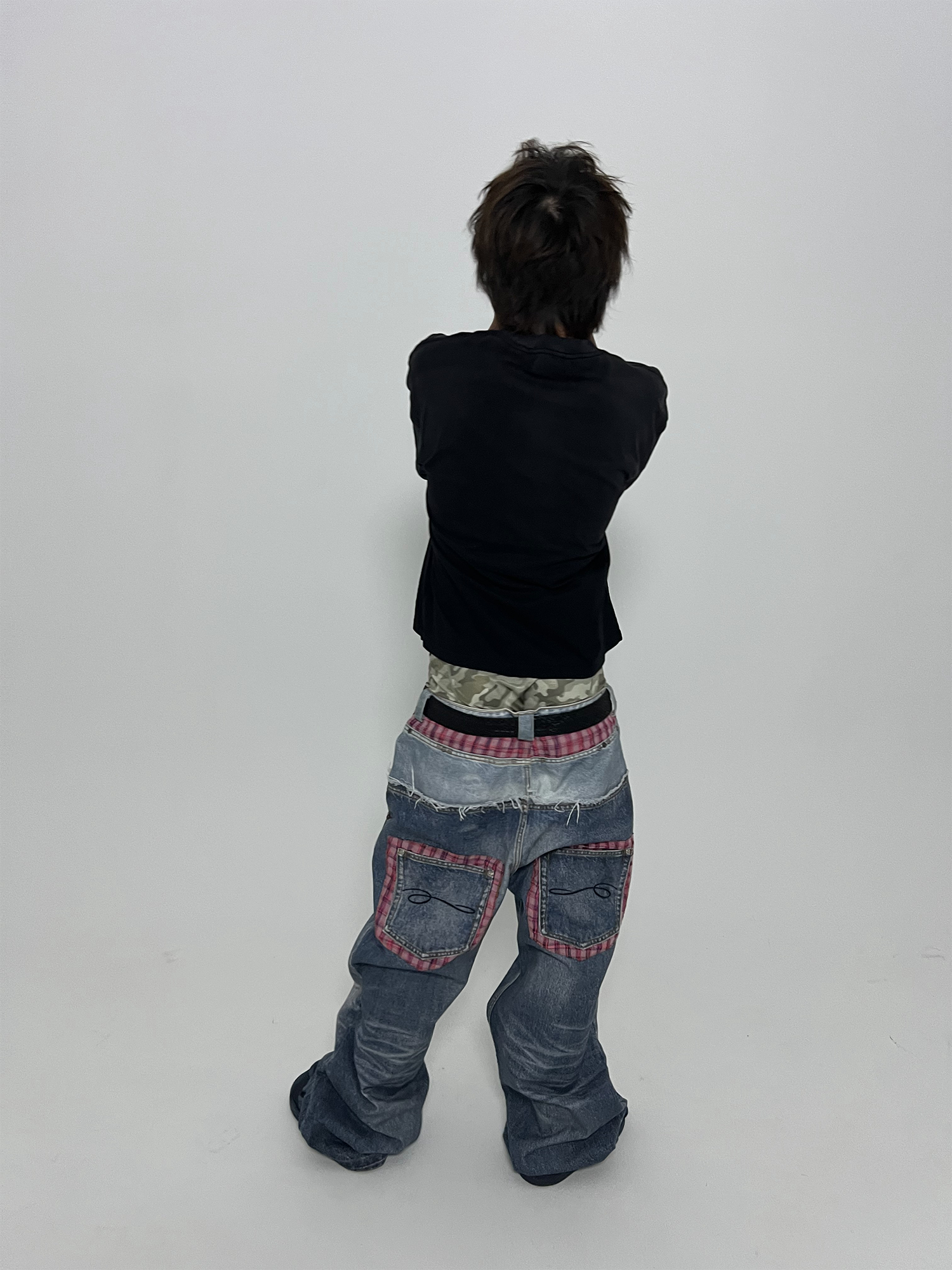 TECNINEGROUP Washed Plaid Paneled Double-Waist Jeans