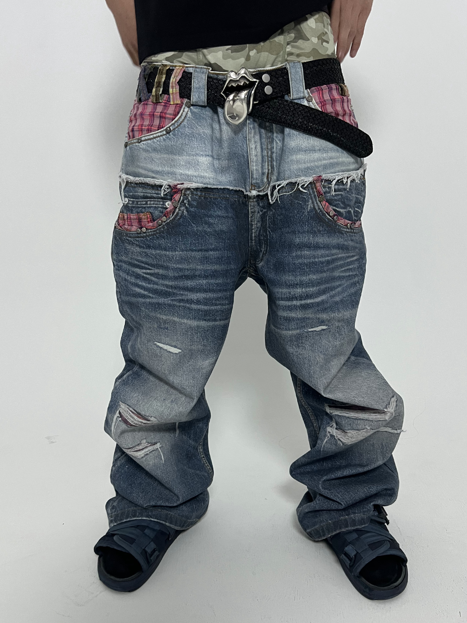TECNINEGROUP Washed Plaid Paneled Double-Waist Jeans