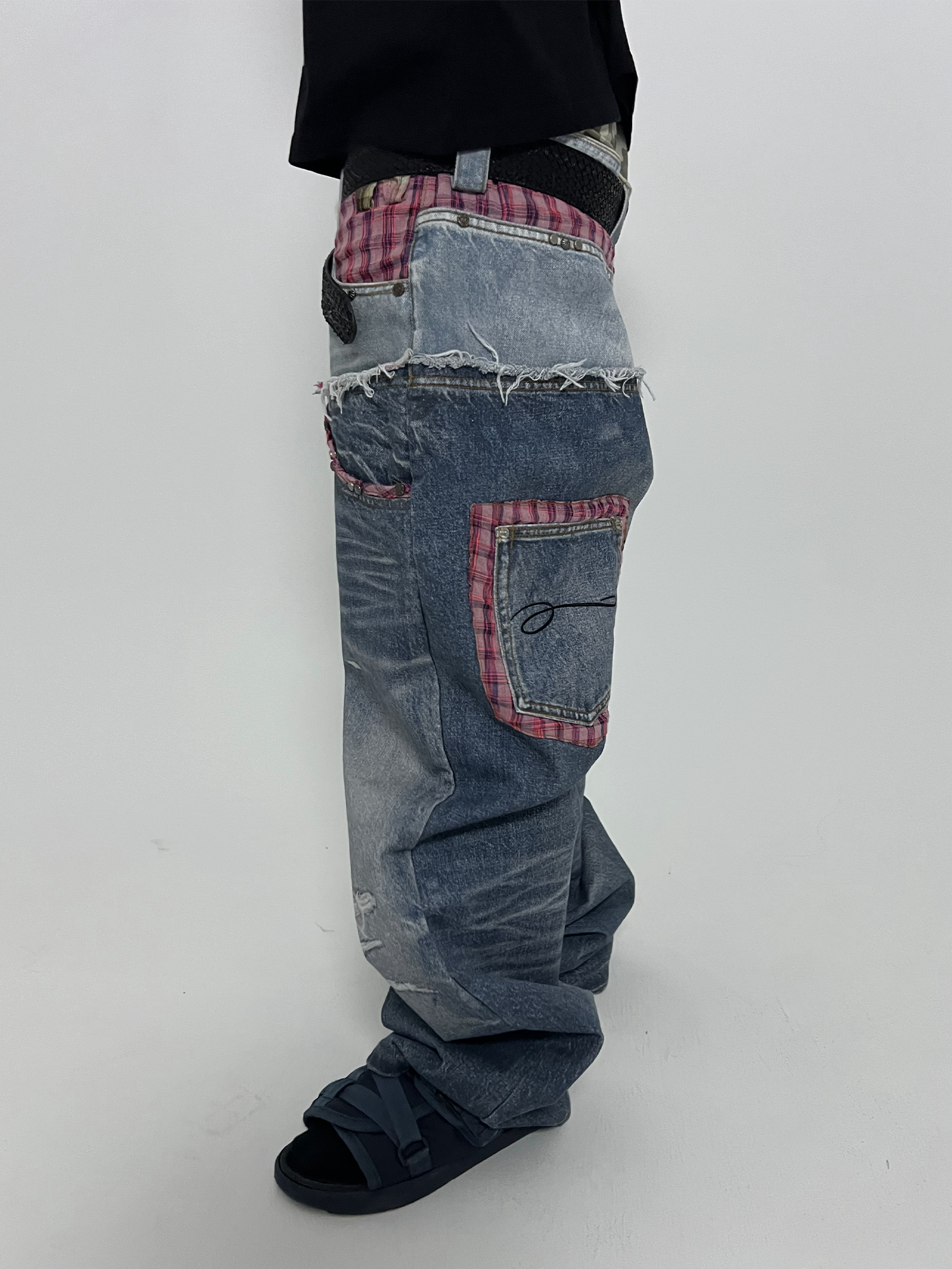 TECNINEGROUP Washed Plaid Paneled Double-Waist Jeans