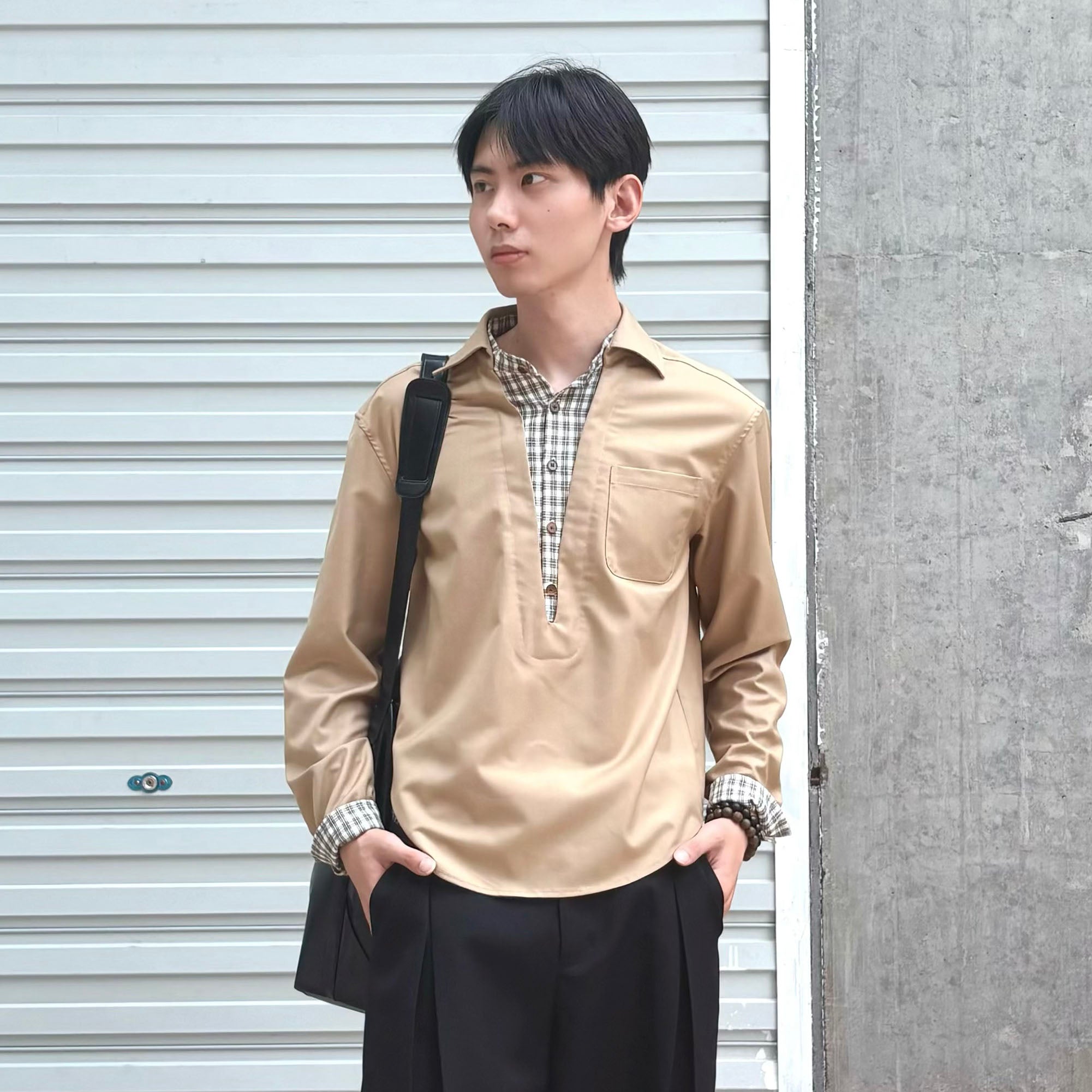 KREATE Faux Layered Plaid V-Neck Shirt