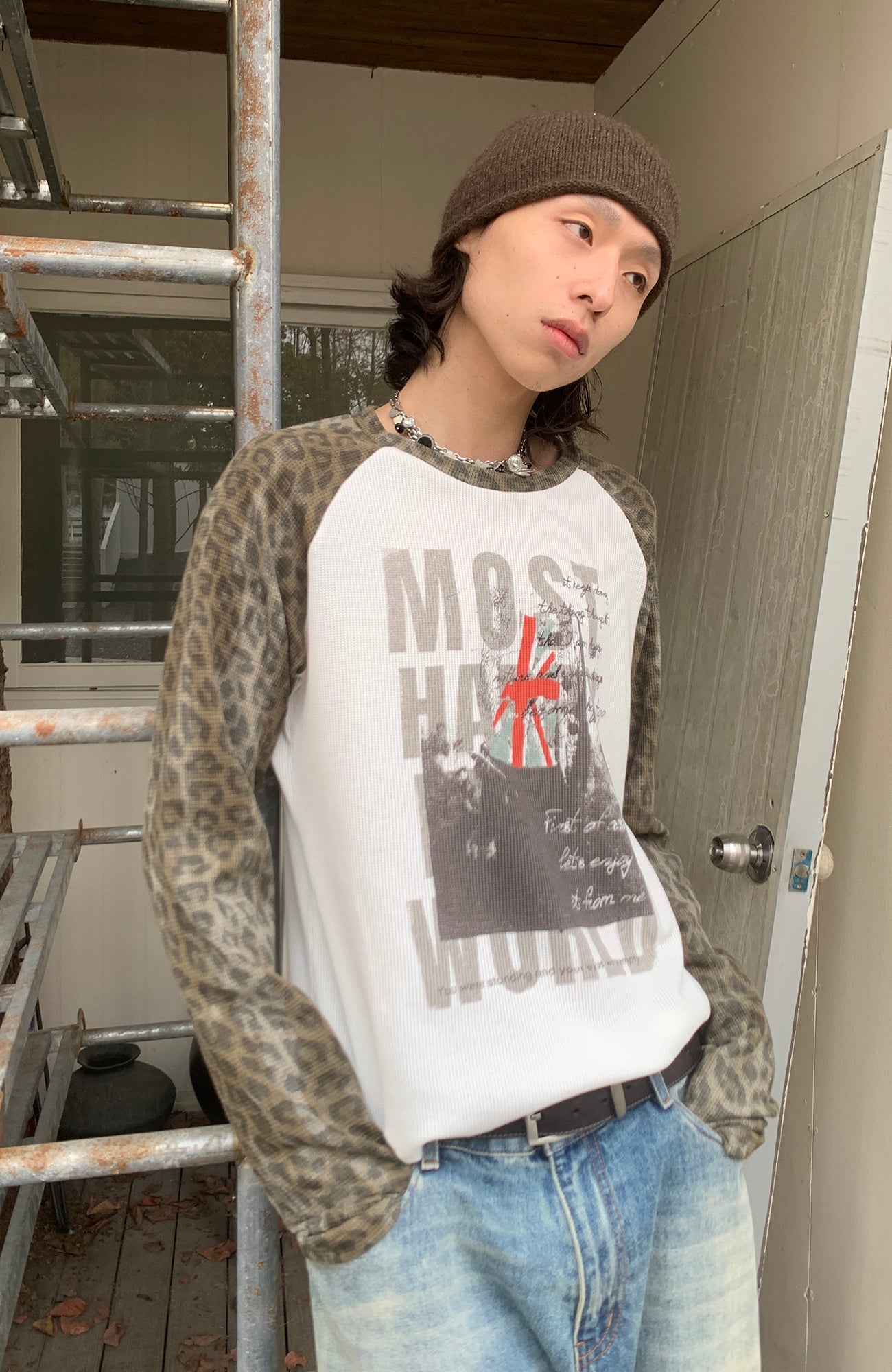 SADSOUP Leopard Raglan Waffle Long-Sleeve Tee