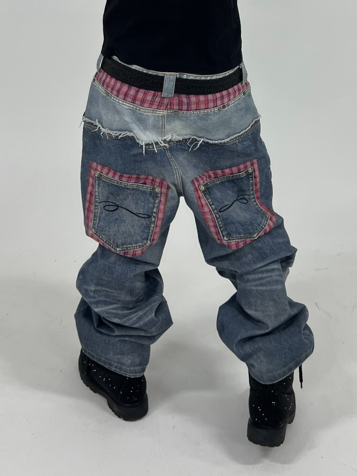 TECNINEGROUP Washed Plaid Paneled Double-Waist Jeans