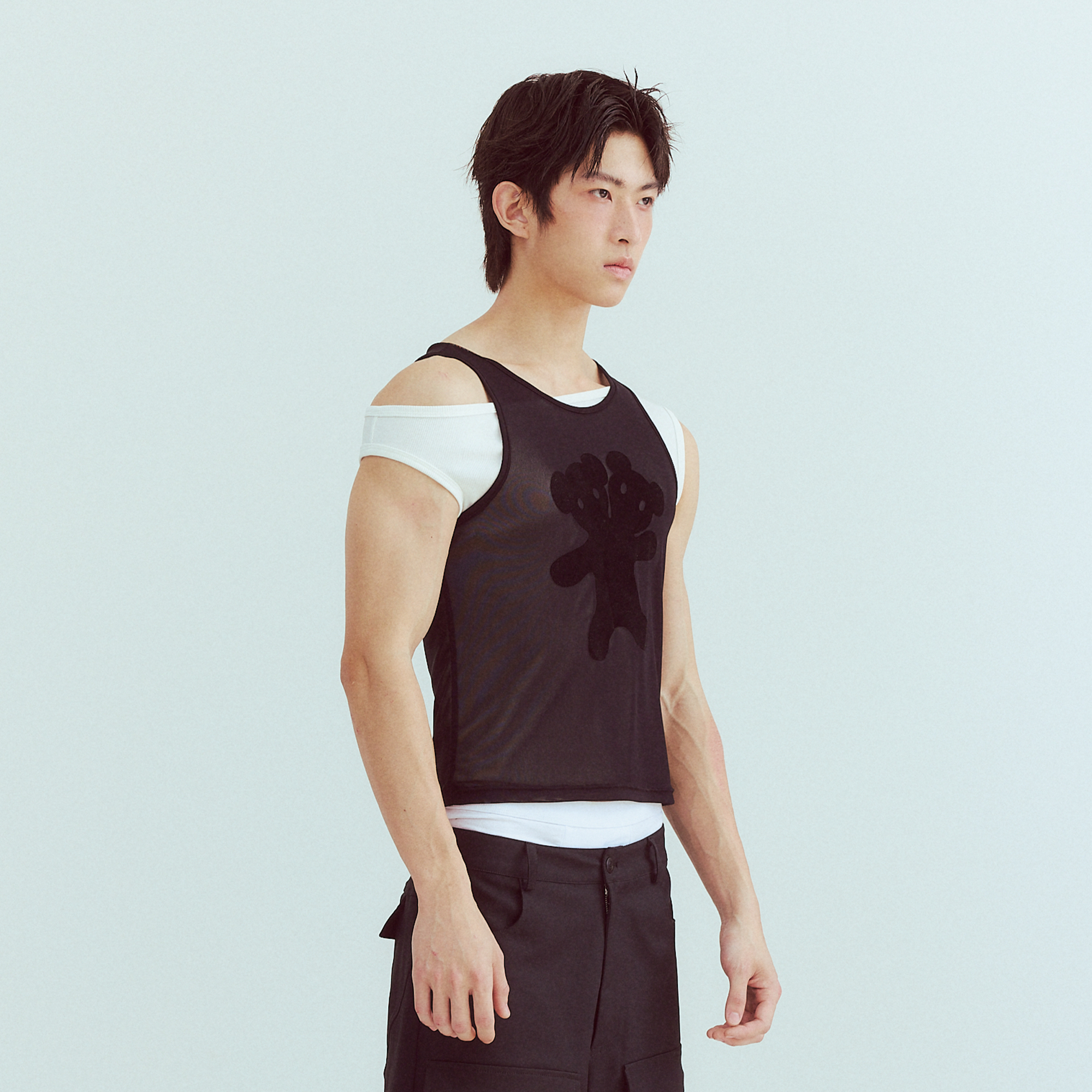 KADAKADA Flocked Bear Mesh One-Shoulder Ribbed Tank Set, premium urban and streetwear designers apparel on PROJECTISR.com, KADAKADA