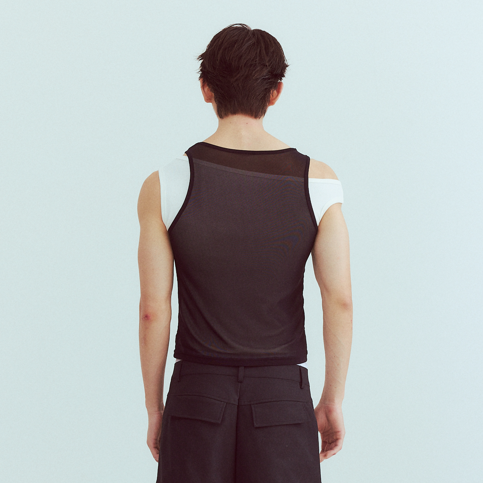 KADAKADA Flocked Bear Mesh One-Shoulder Ribbed Tank Set, premium urban and streetwear designers apparel on PROJECTISR.com, KADAKADA