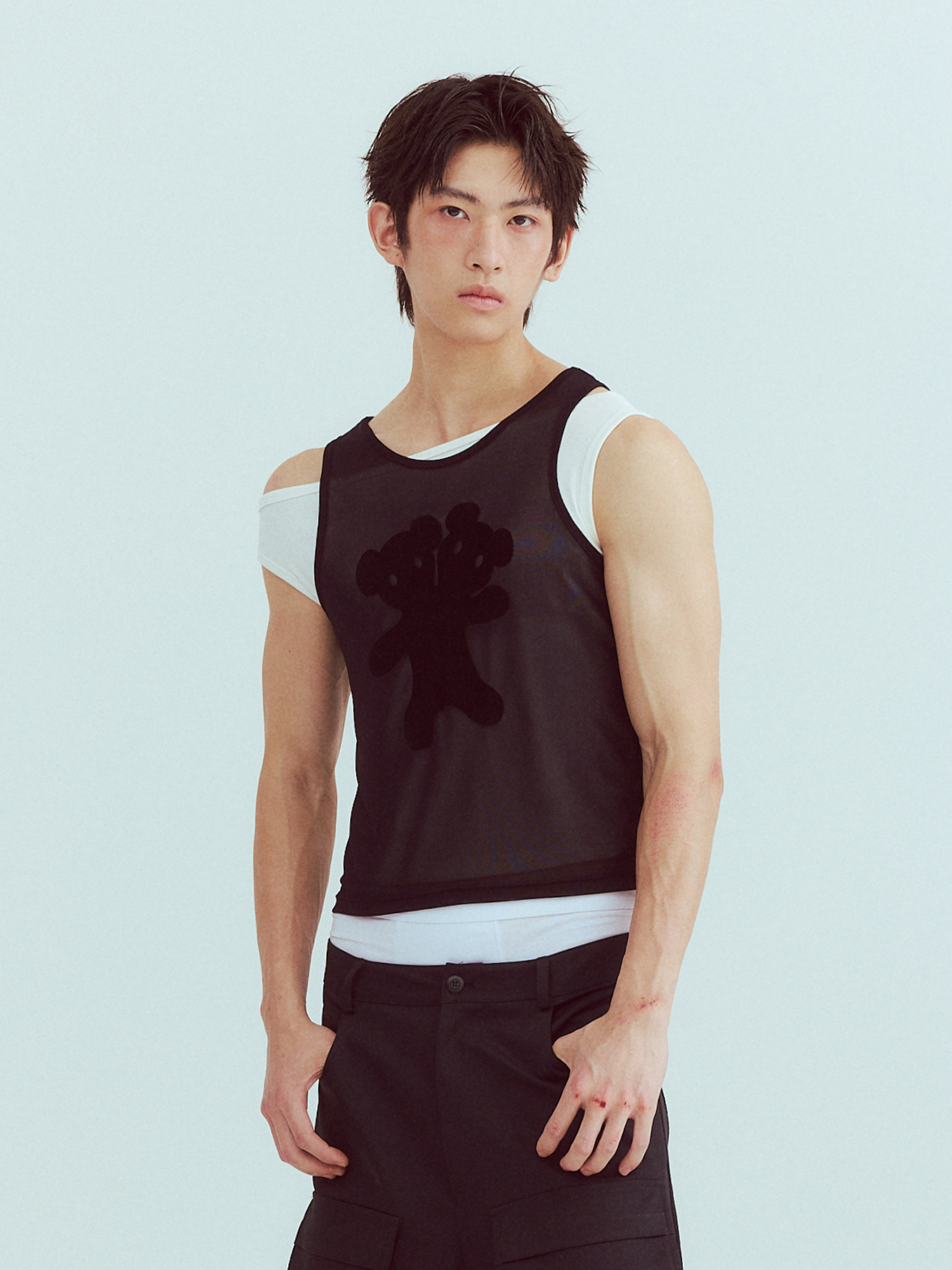 KADAKADA Flocked Bear Mesh One-Shoulder Ribbed Tank Set, premium urban and streetwear designers apparel on PROJECTISR.com, KADAKADA
