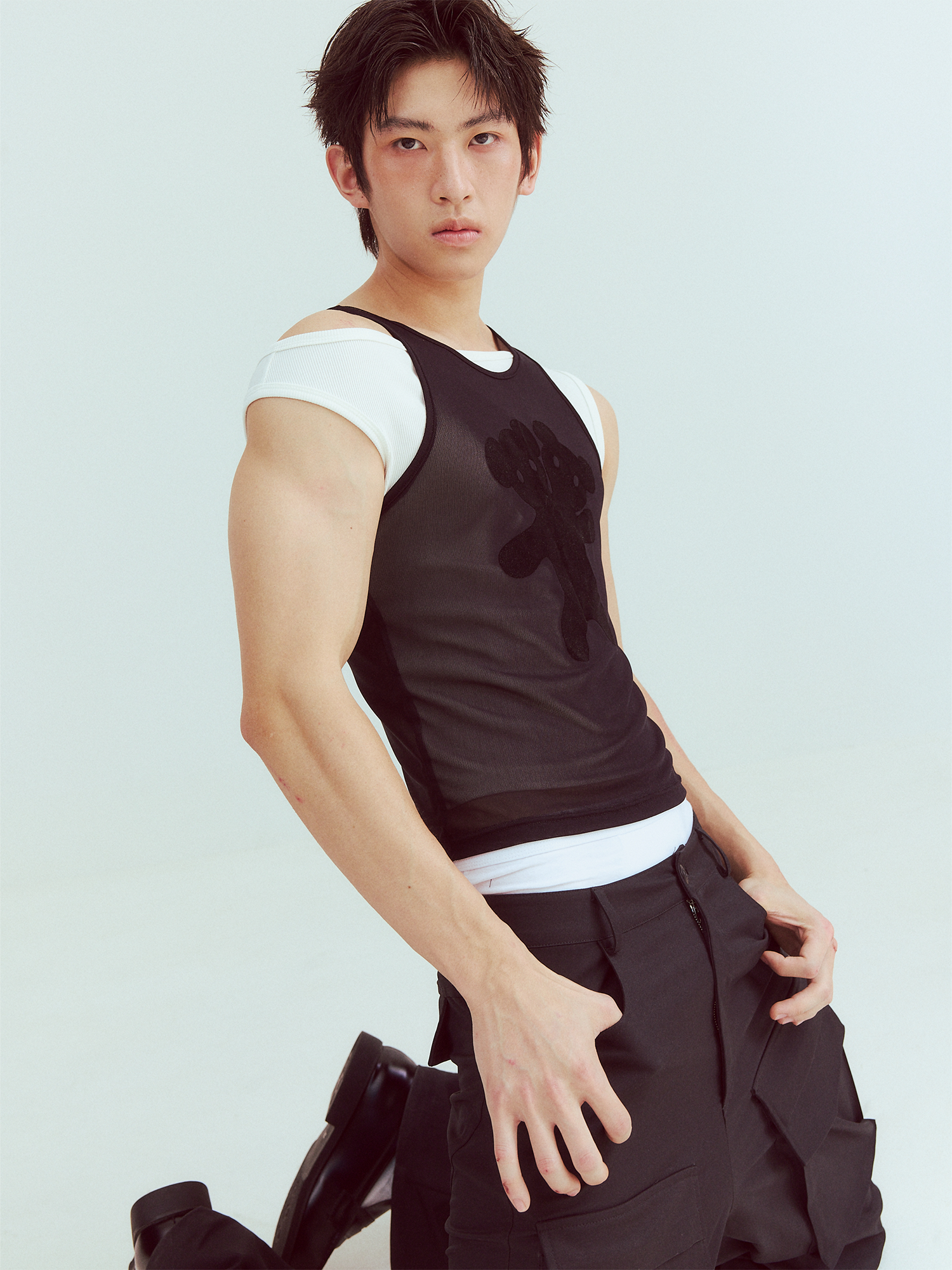KADAKADA Flocked Bear Mesh One-Shoulder Ribbed Tank Set, premium urban and streetwear designers apparel on PROJECTISR.com, KADAKADA