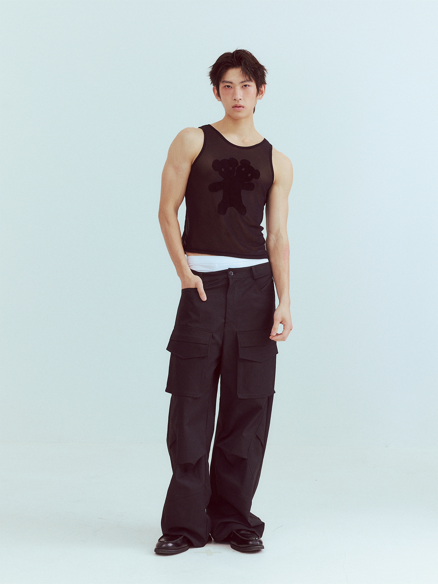 KADAKADA Flocked Bear Mesh One-Shoulder Ribbed Tank Set, premium urban and streetwear designers apparel on PROJECTISR.com, KADAKADA