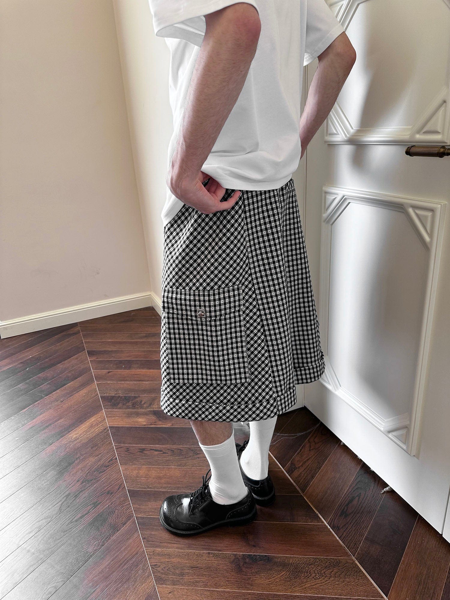 SOURPLUM Retro Gingham Spliced Oversized Shorts, premium urban and streetwear designers apparel on PROJECTISR.com, SOURPLUM
