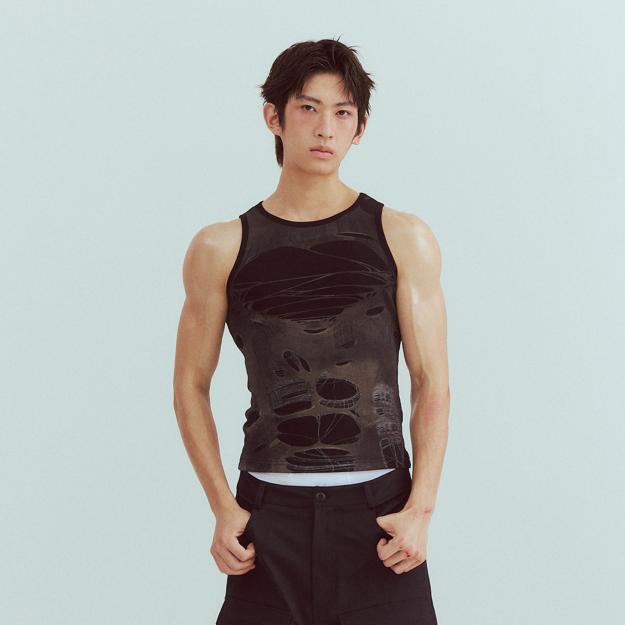 KADAKADA Distressed Graphic Ribbed Tank Top, premium urban and streetwear designers apparel on PROJECTISR.com, KADAKADA