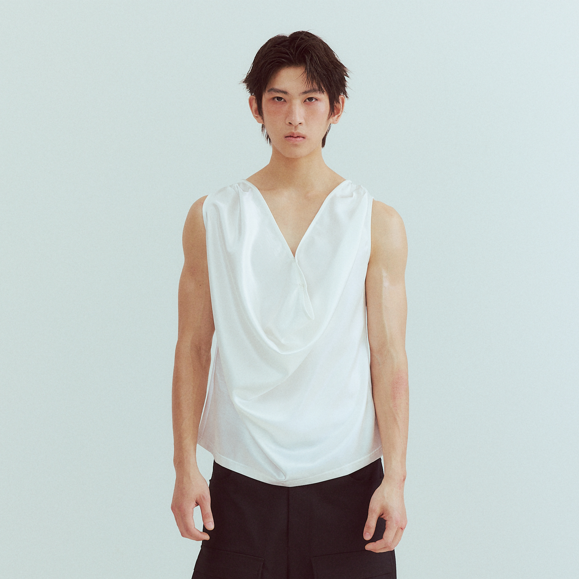 KADAKADA Pearl Sheen Deep V Draped Sleeveless Shirt, premium urban and streetwear designers apparel on PROJECTISR.com, KADAKADA
