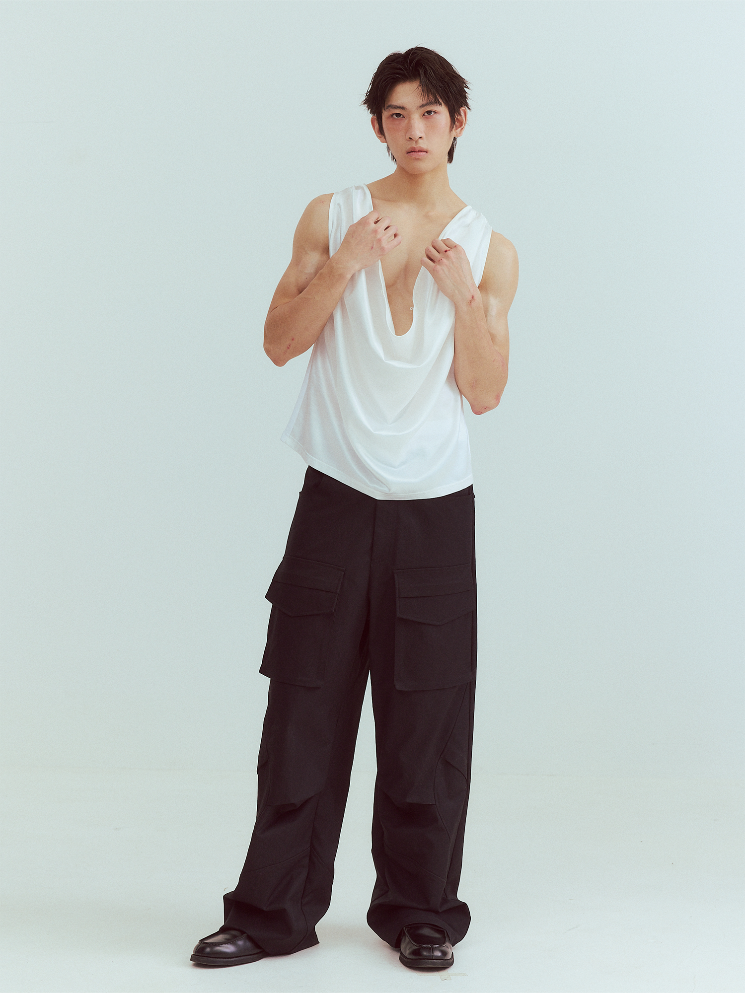 KADAKADA Pearl Sheen Deep V Draped Sleeveless Shirt, premium urban and streetwear designers apparel on PROJECTISR.com, KADAKADA