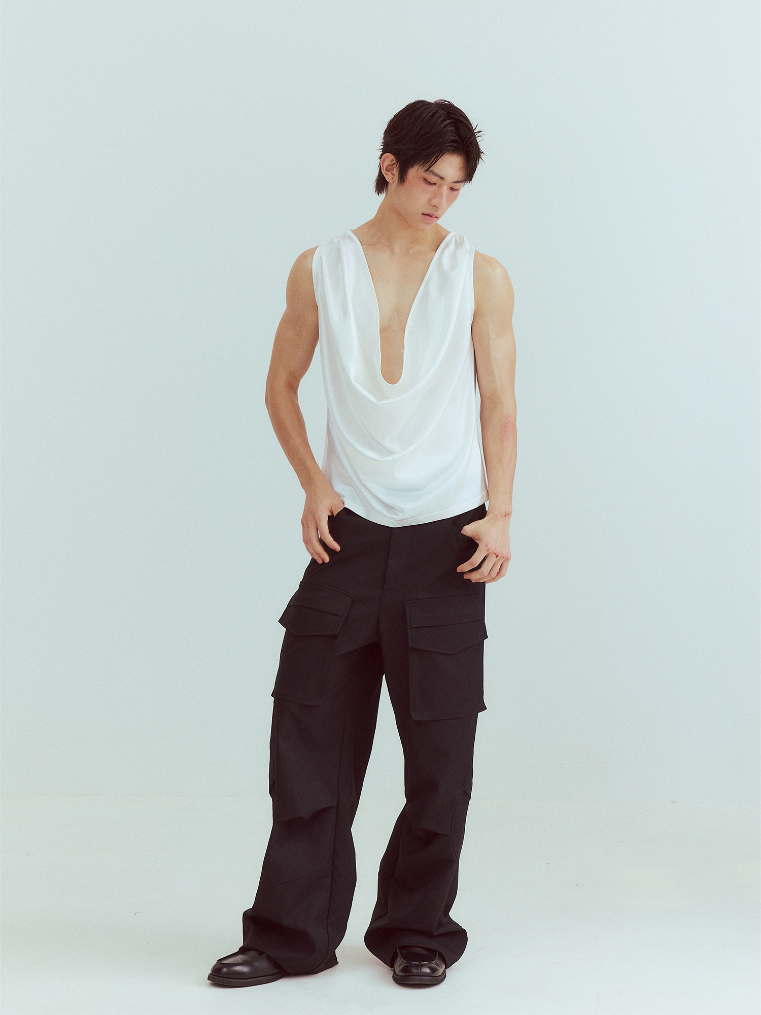 KADAKADA Pearl Sheen Deep V Draped Sleeveless Shirt, premium urban and streetwear designers apparel on PROJECTISR.com, KADAKADA