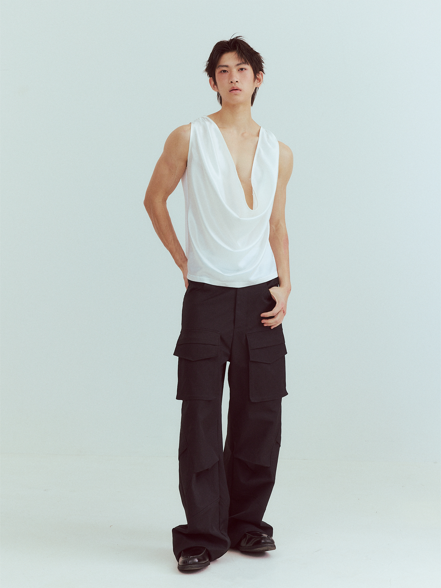 KADAKADA Pearl Sheen Deep V Draped Sleeveless Shirt, premium urban and streetwear designers apparel on PROJECTISR.com, KADAKADA