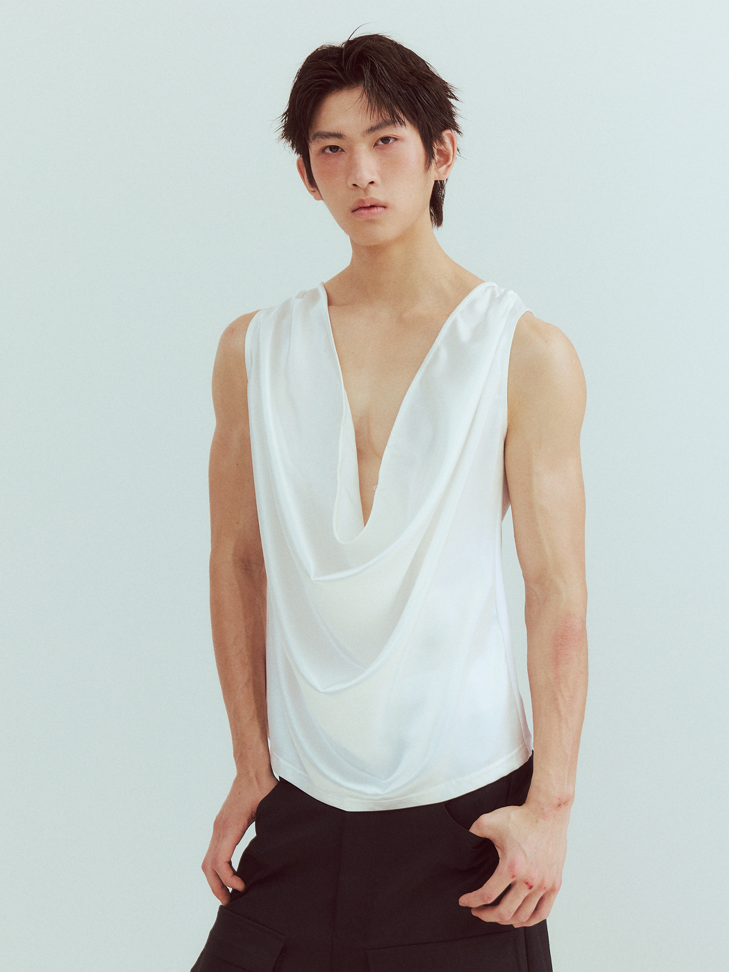 KADAKADA Pearl Sheen Deep V Draped Sleeveless Shirt, premium urban and streetwear designers apparel on PROJECTISR.com, KADAKADA