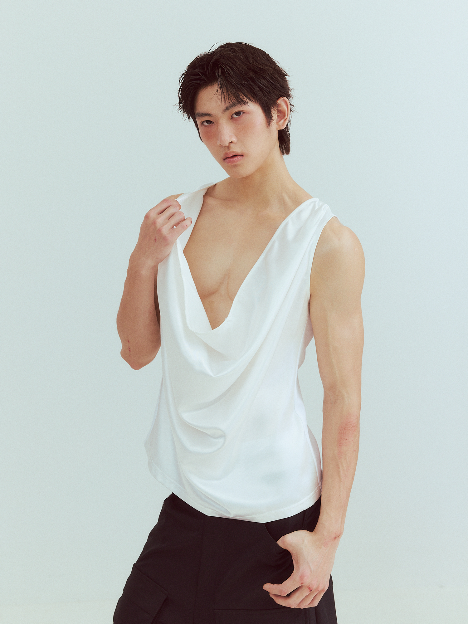KADAKADA Pearl Sheen Deep V Draped Sleeveless Shirt, premium urban and streetwear designers apparel on PROJECTISR.com, KADAKADA