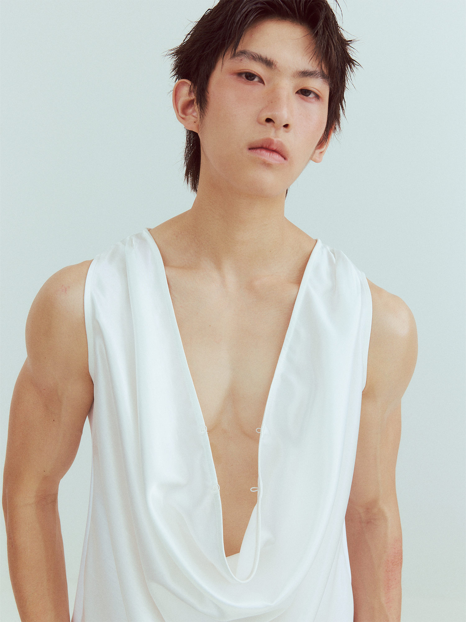 KADAKADA Pearl Sheen Deep V Draped Sleeveless Shirt, premium urban and streetwear designers apparel on PROJECTISR.com, KADAKADA