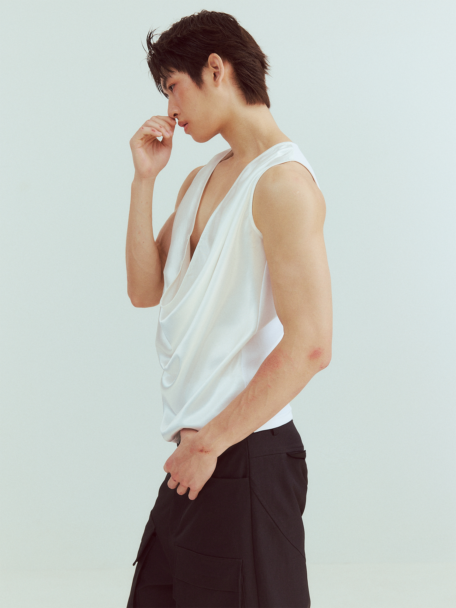 KADAKADA Pearl Sheen Deep V Draped Sleeveless Shirt, premium urban and streetwear designers apparel on PROJECTISR.com, KADAKADA