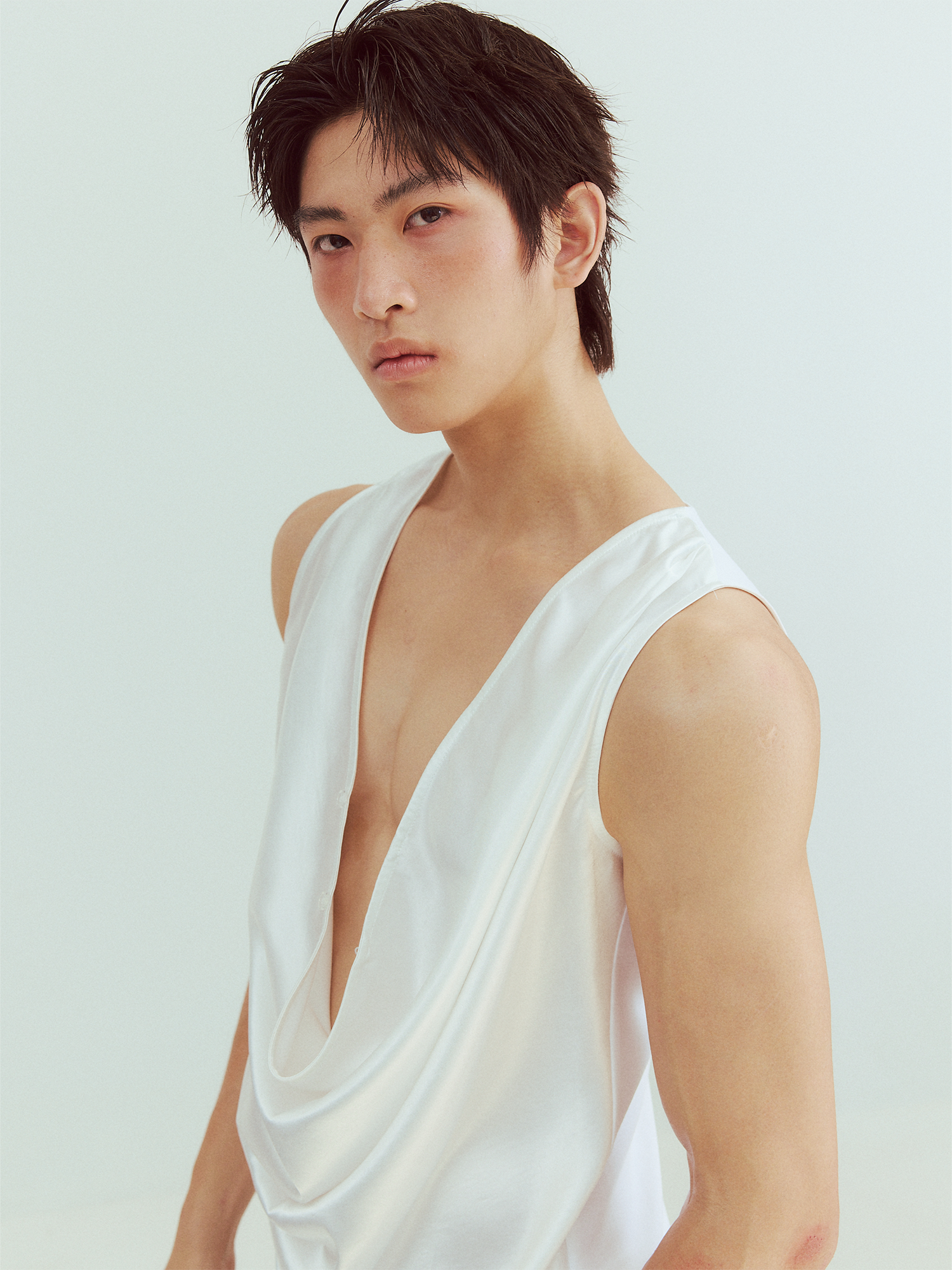 KADAKADA Pearl Sheen Deep V Draped Sleeveless Shirt, premium urban and streetwear designers apparel on PROJECTISR.com, KADAKADA