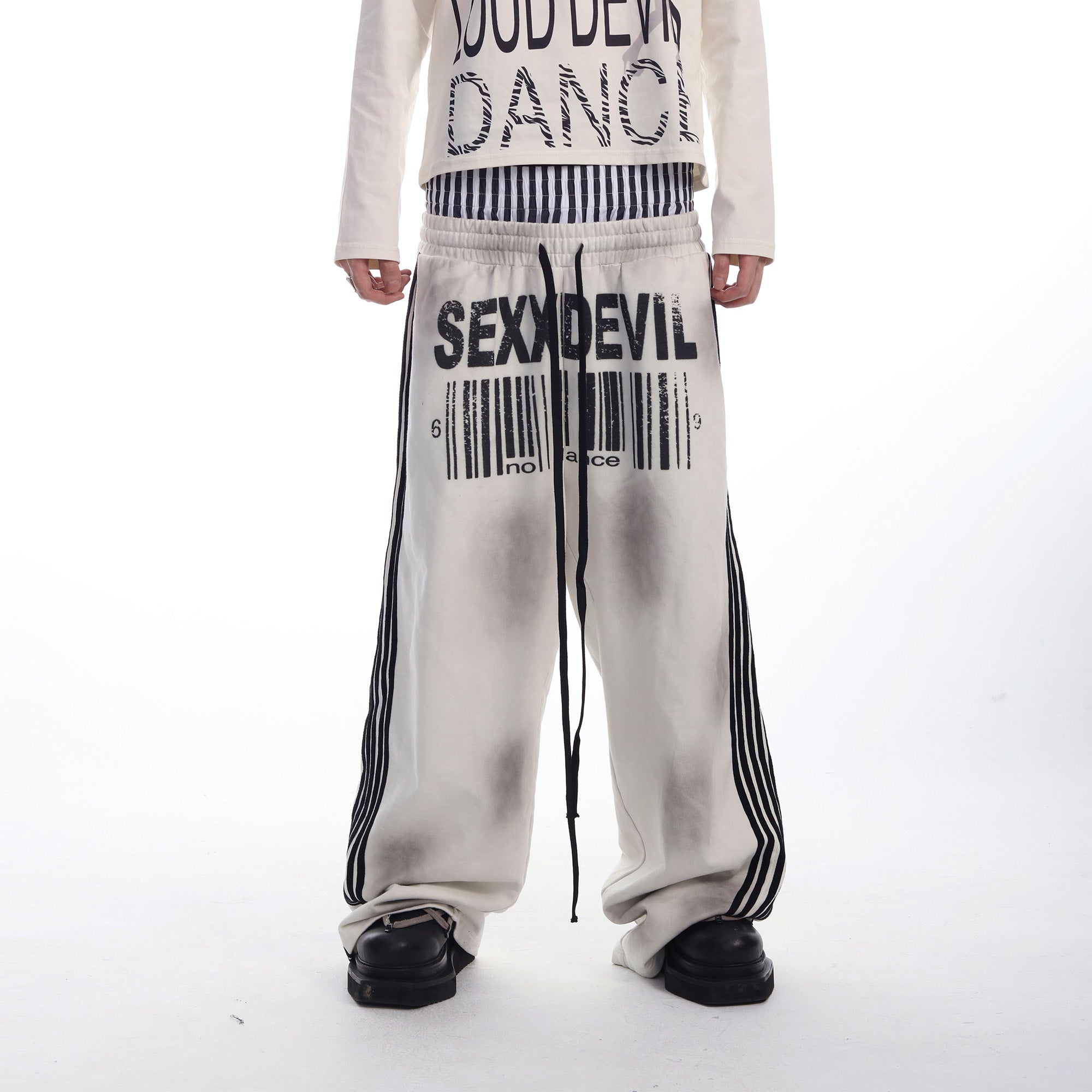SEXXDEVIL Striped Embroidered Paint-Splattered Sweatpants