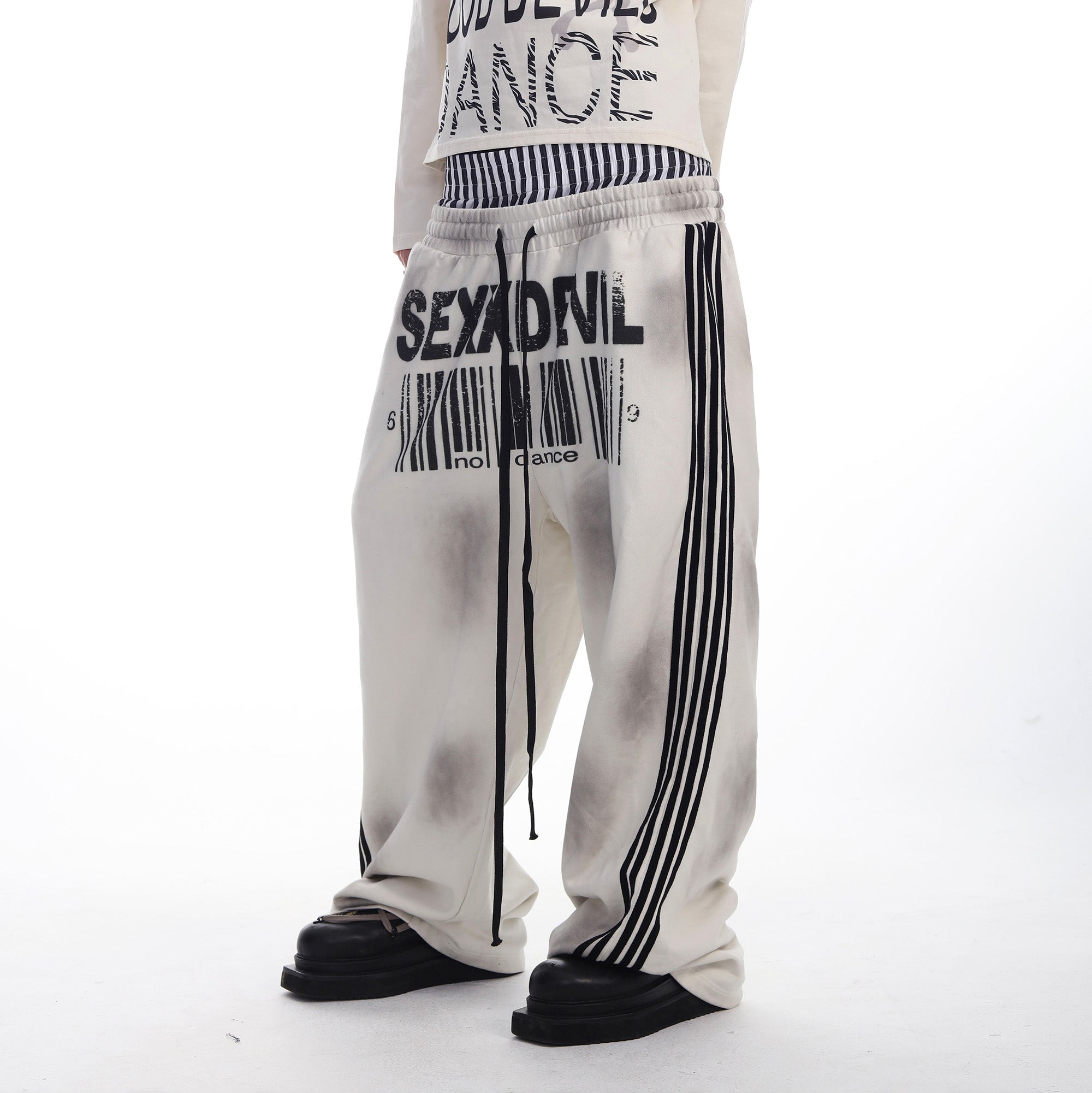 SEXXDEVIL Striped Embroidered Paint-Splattered Sweatpants