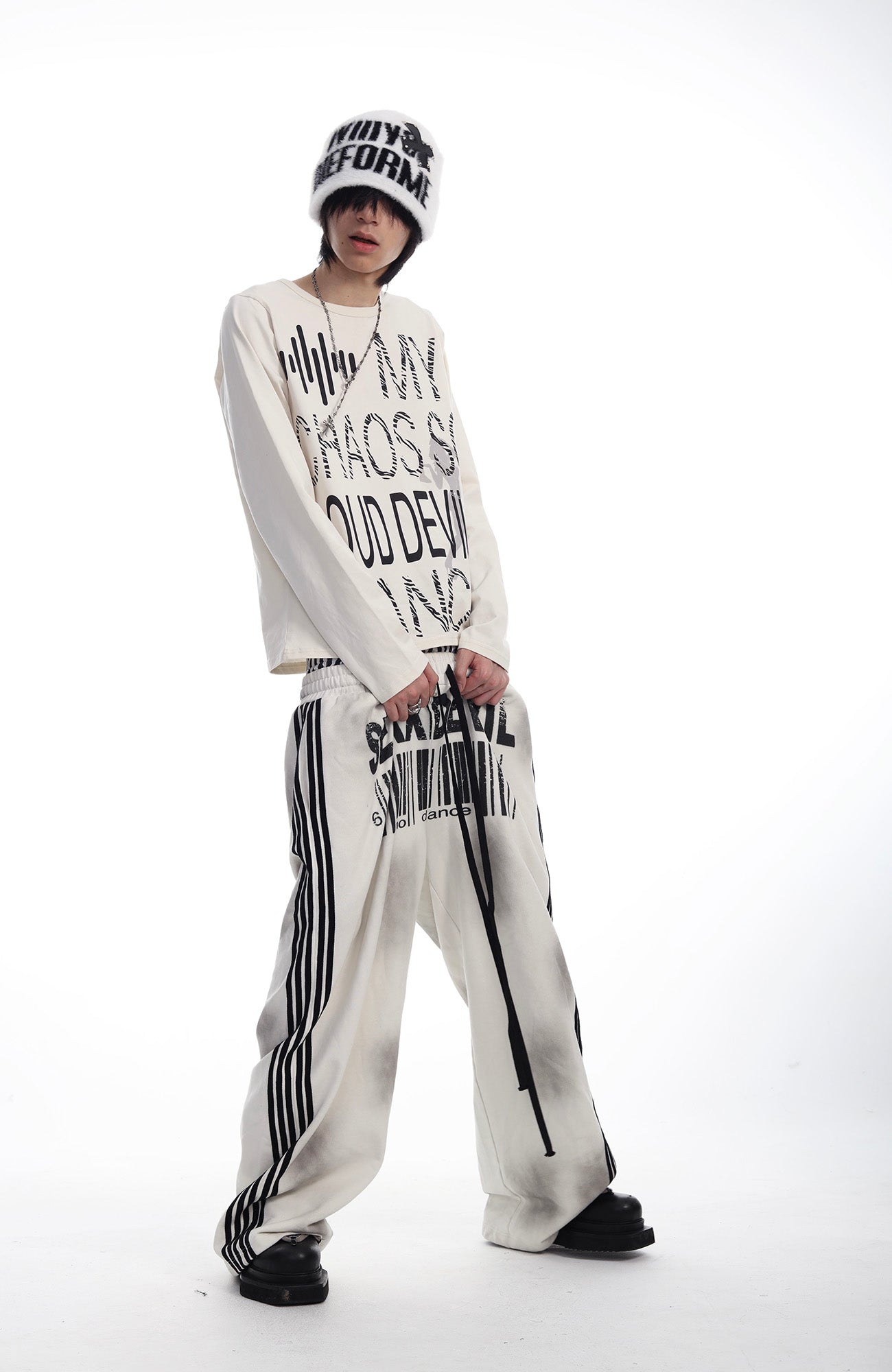 SEXXDEVIL Striped Embroidered Paint-Splattered Sweatpants