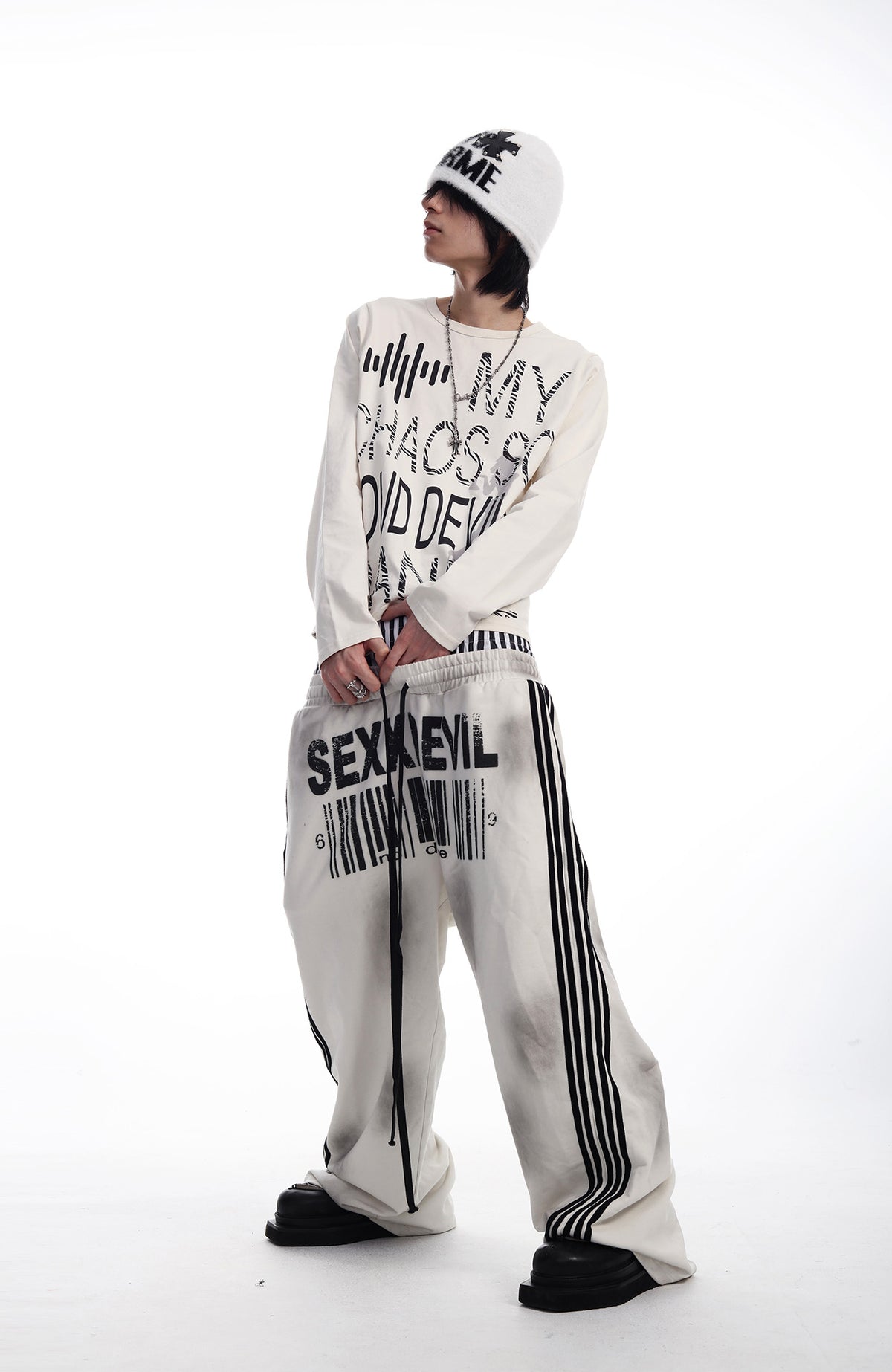 SEXXDEVIL Striped Embroidered Paint-Splattered Sweatpants