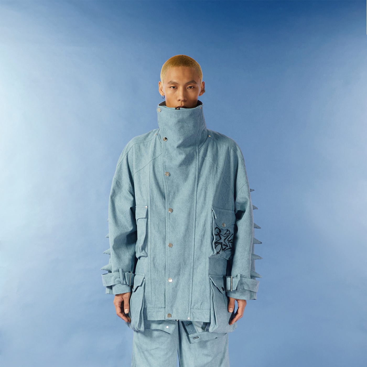 KADAKADA Spikes Multi Pocket Doodle Washed Coat, premium urban and streetwear designers apparel on PROJECTISR.com, KADAKADA