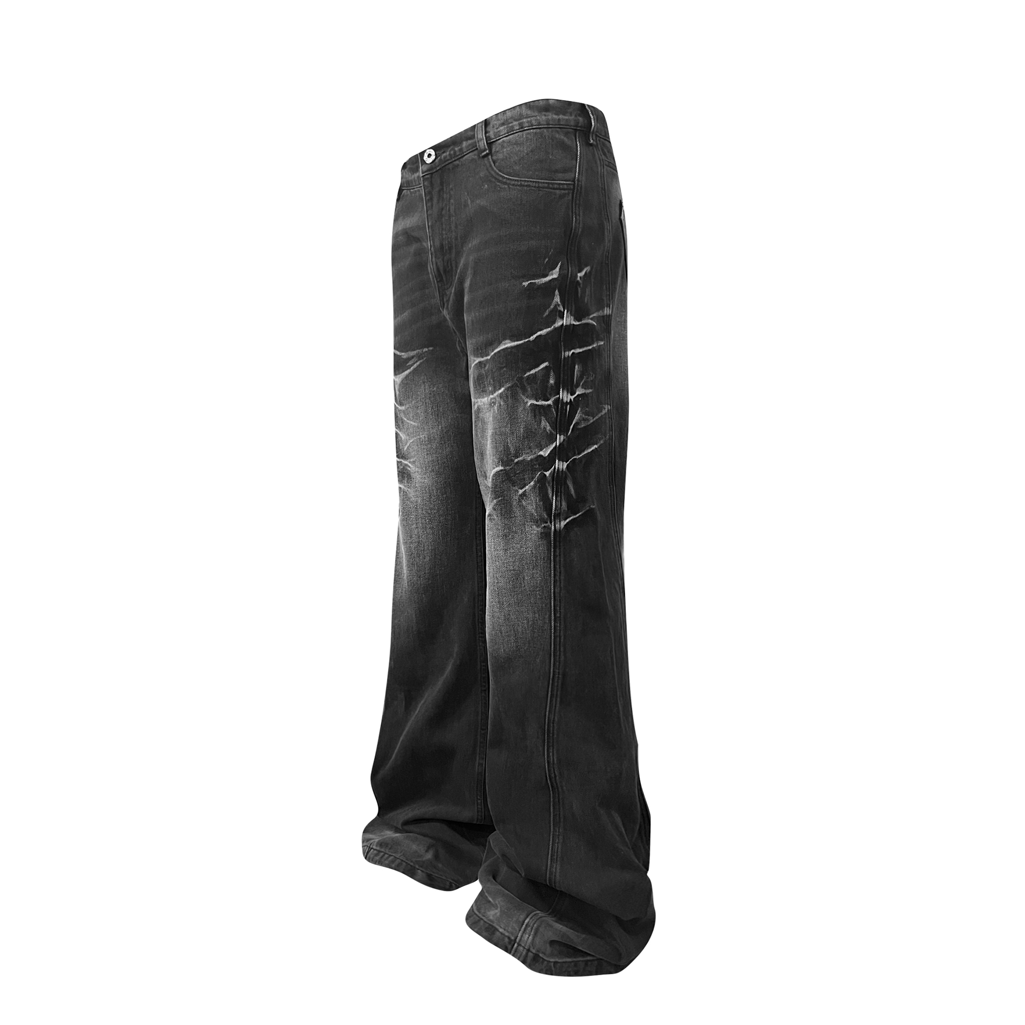 TH4SWE Washed Cracked Whisker Flared Jeans