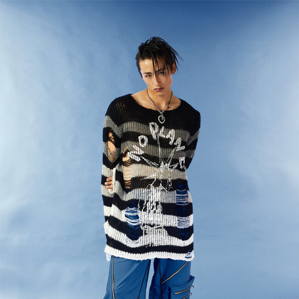 KADAKADA Ripped Stripe Print Sweater