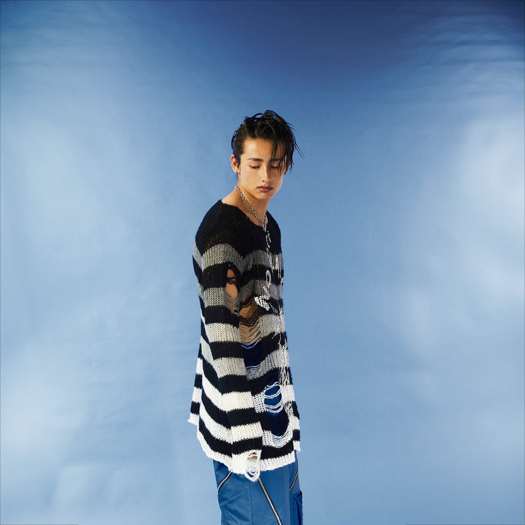 KADAKADA Ripped Stripe Print Sweater, premium urban and streetwear designers apparel on PROJECTISR.com, KADAKADA