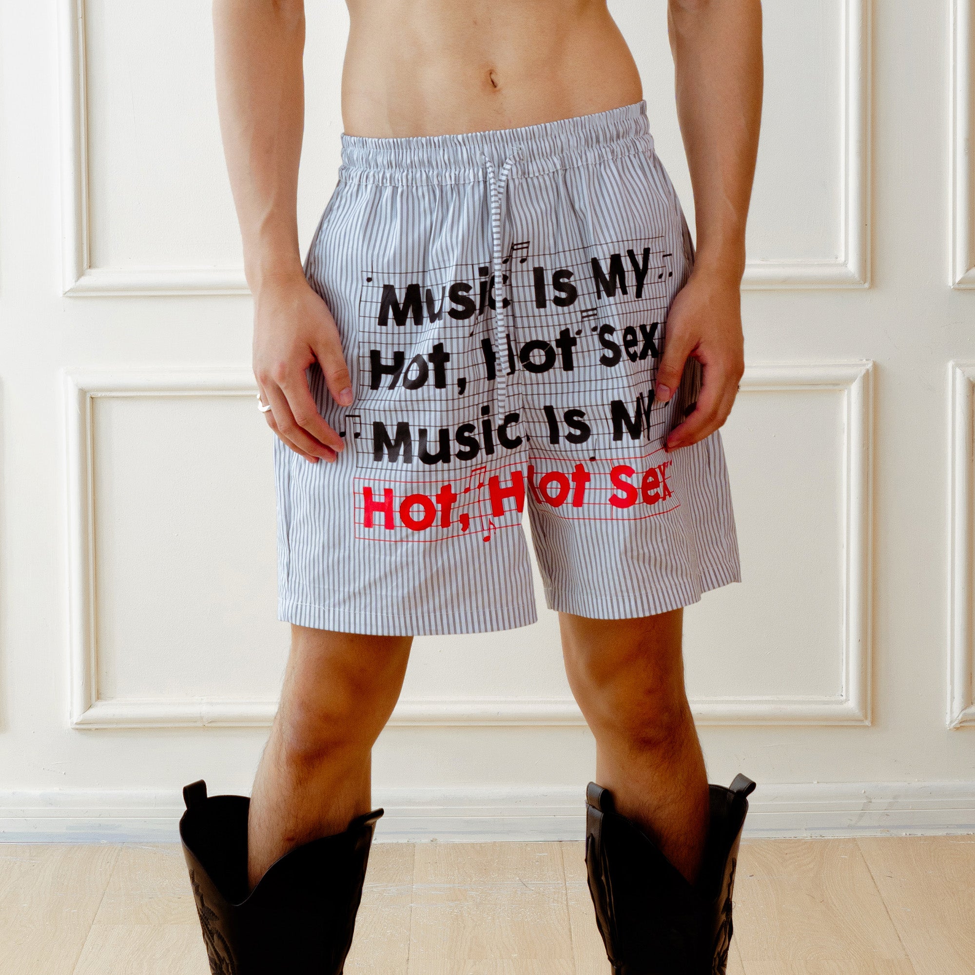 KADAKADA Stripe Slogan Graphic Lounge Shorts, premium urban and streetwear designers apparel on PROJECTISR.com, KADAKADA