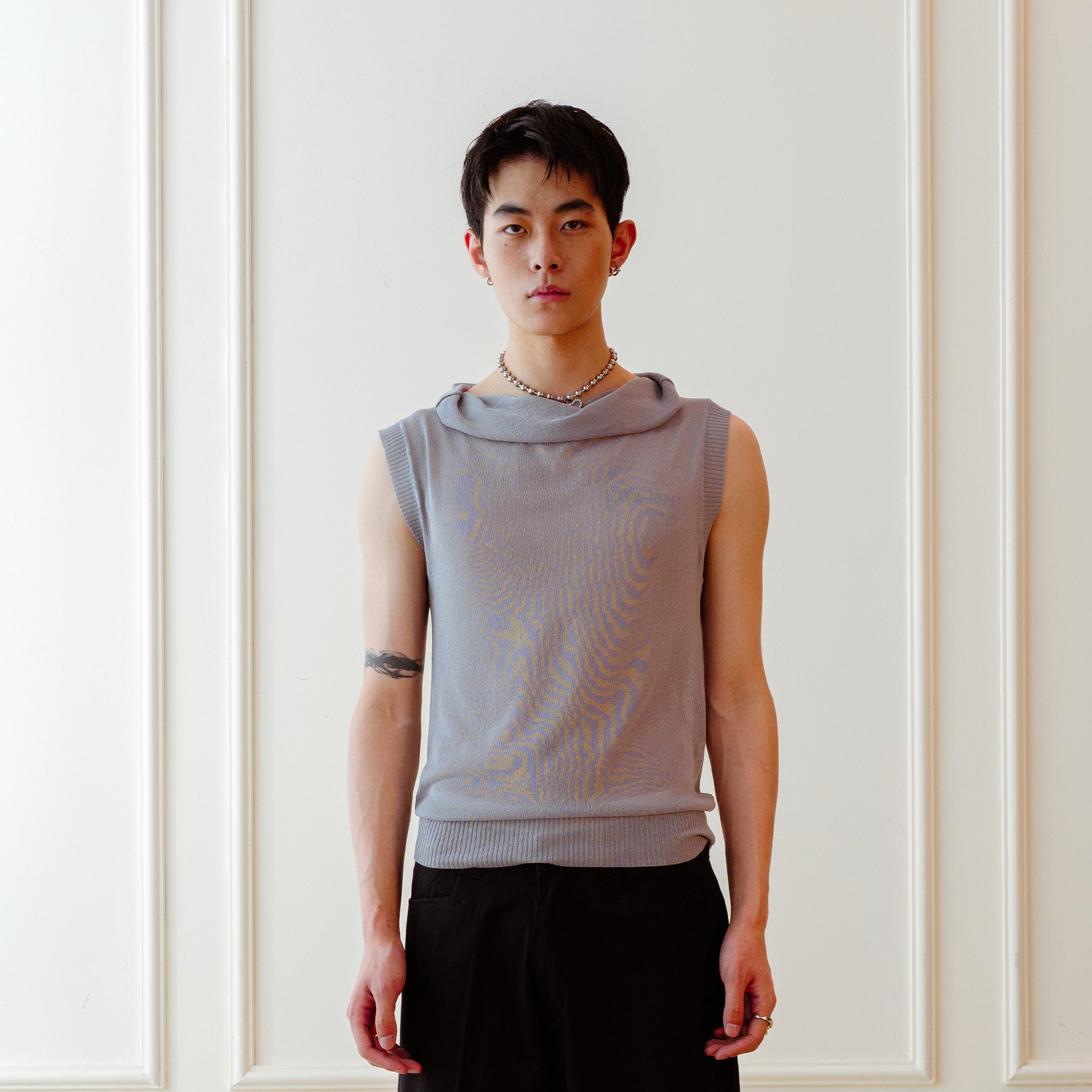 KADAKADA Retro Cowl-Neck Knited Sleeveless T-Shirt, premium urban and streetwear designers apparel on PROJECTISR.com, KADAKADA