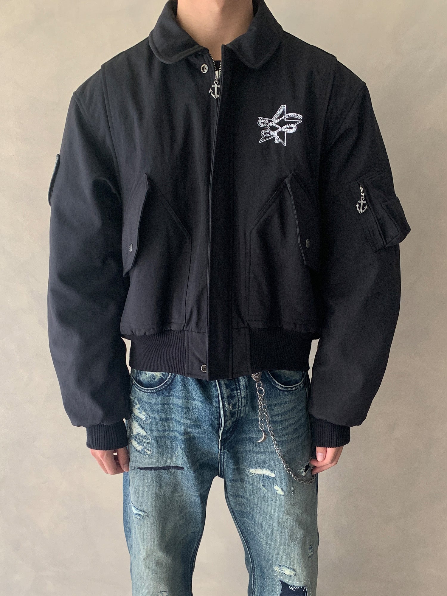 IN EXISTENCE Anchor Zip Embroidered Patch Bomber