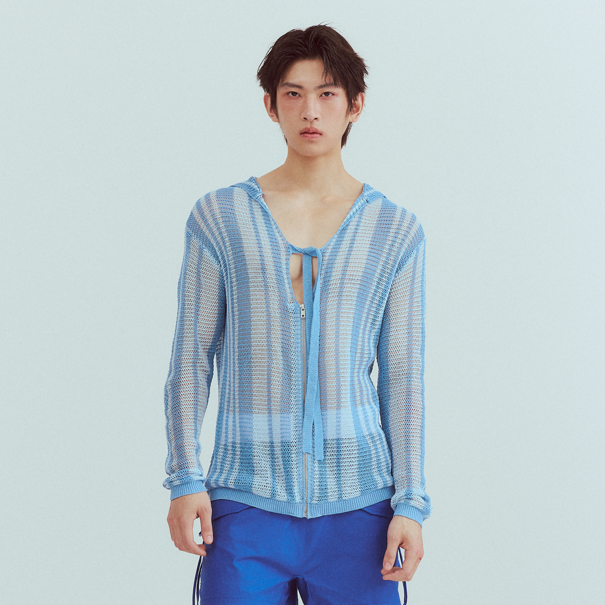 KADAKADA Striped Open-Knit Deep V Hooded Sweater, premium urban and streetwear designers apparel on PROJECTISR.com, KADAKADA