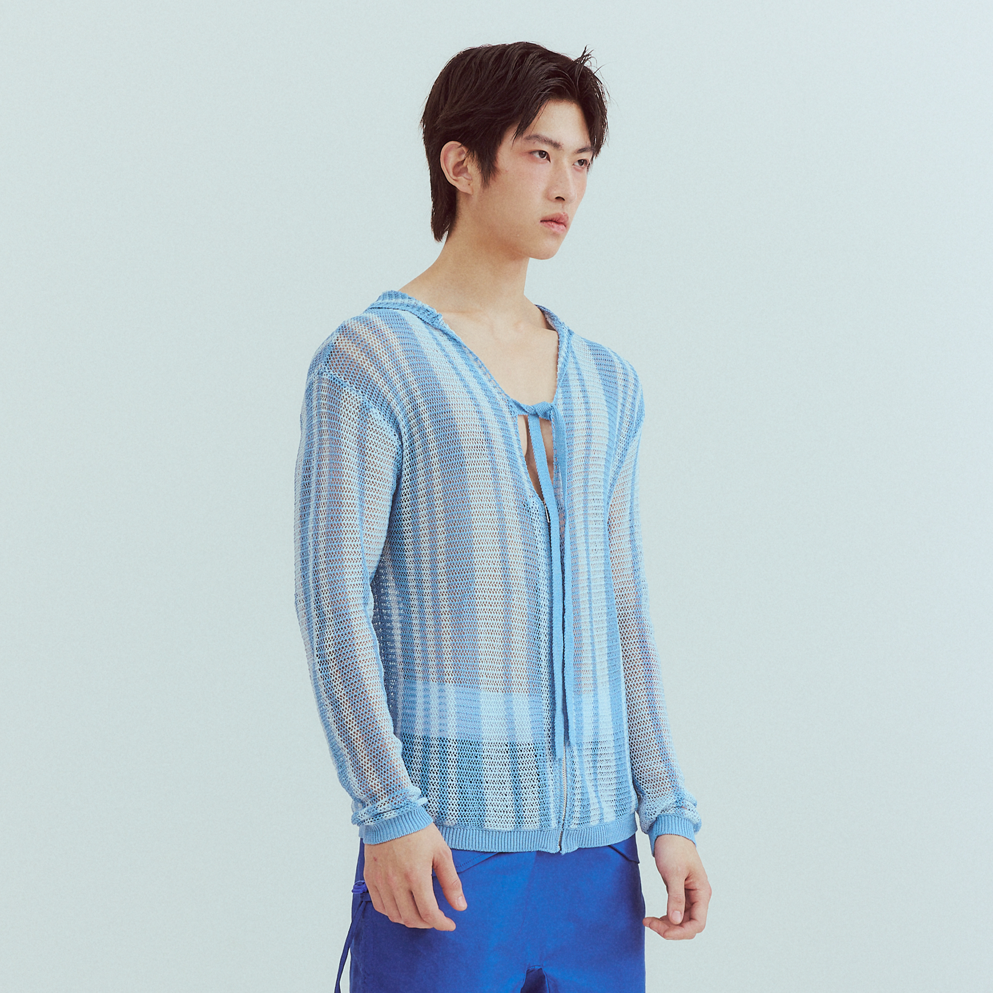 KADAKADA Striped Open-Knit Deep V Hooded Sweater, premium urban and streetwear designers apparel on PROJECTISR.com, KADAKADA