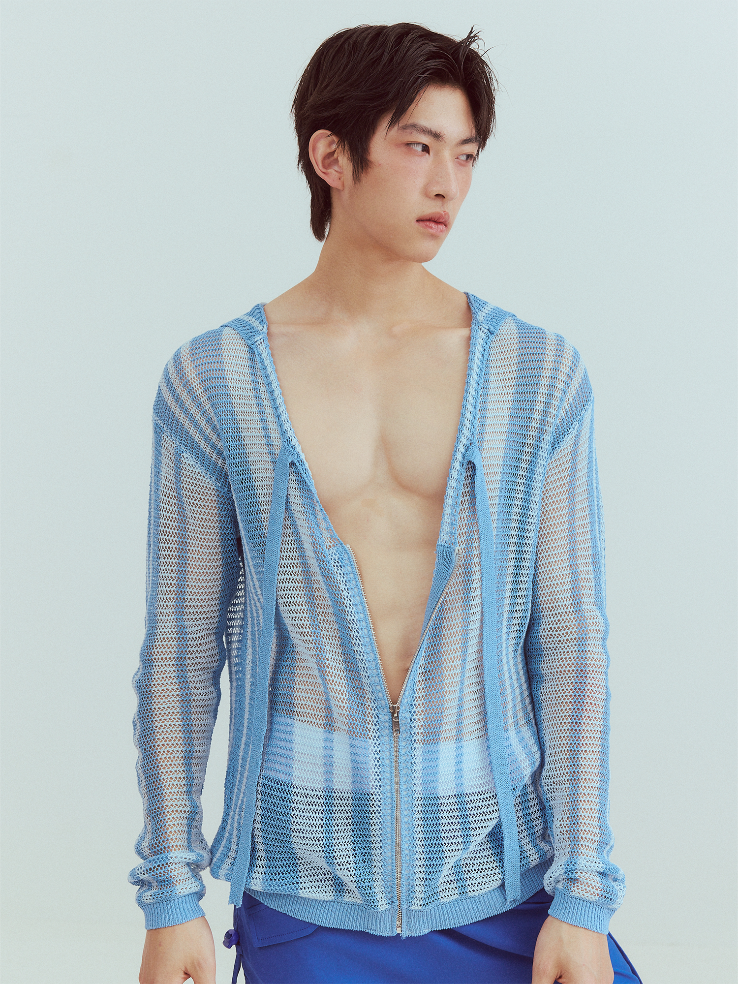KADAKADA Striped Open-Knit Deep V Hooded Sweater, premium urban and streetwear designers apparel on PROJECTISR.com, KADAKADA