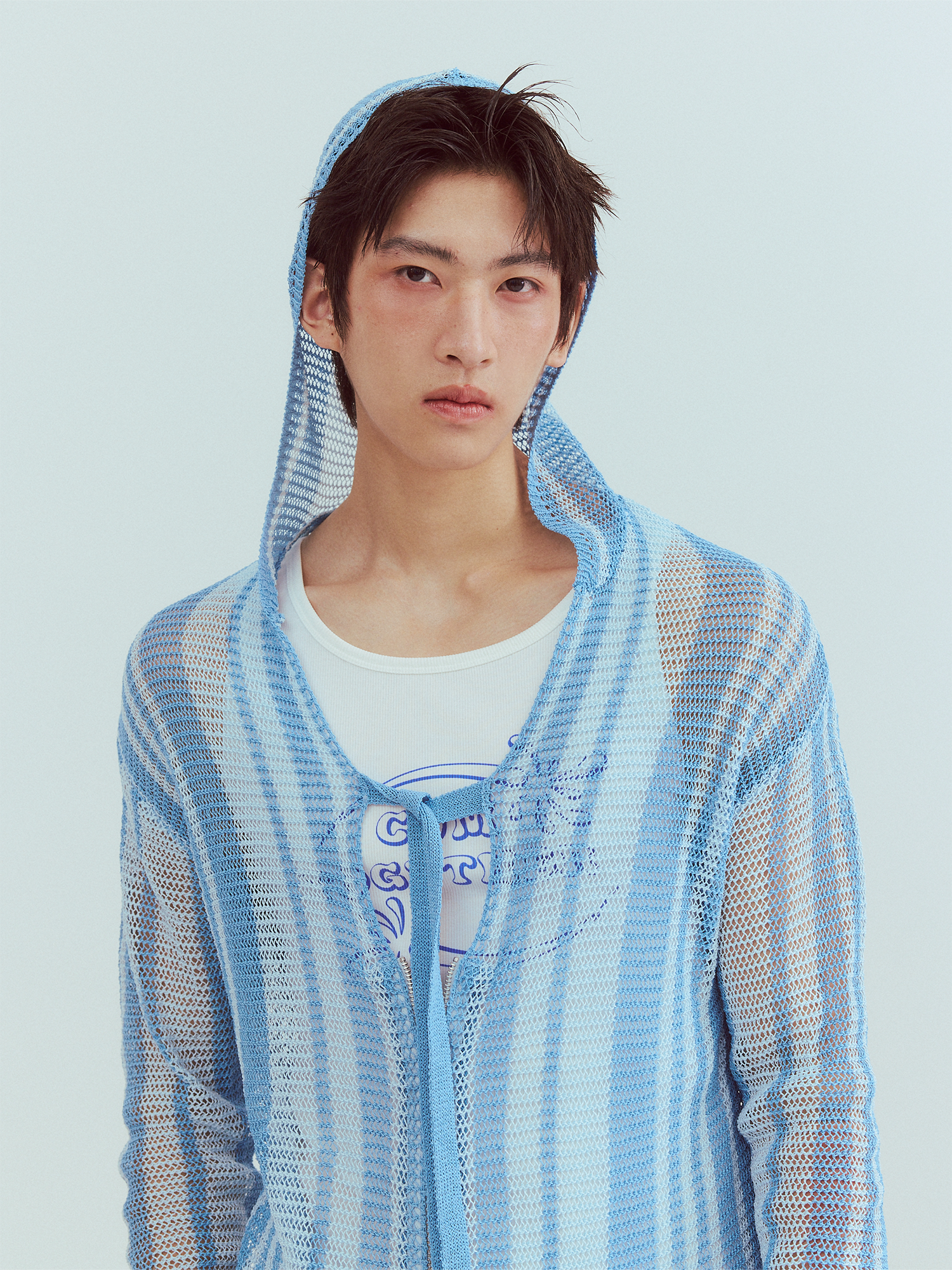KADAKADA Striped Open-Knit Deep V Hooded Sweater, premium urban and streetwear designers apparel on PROJECTISR.com, KADAKADA
