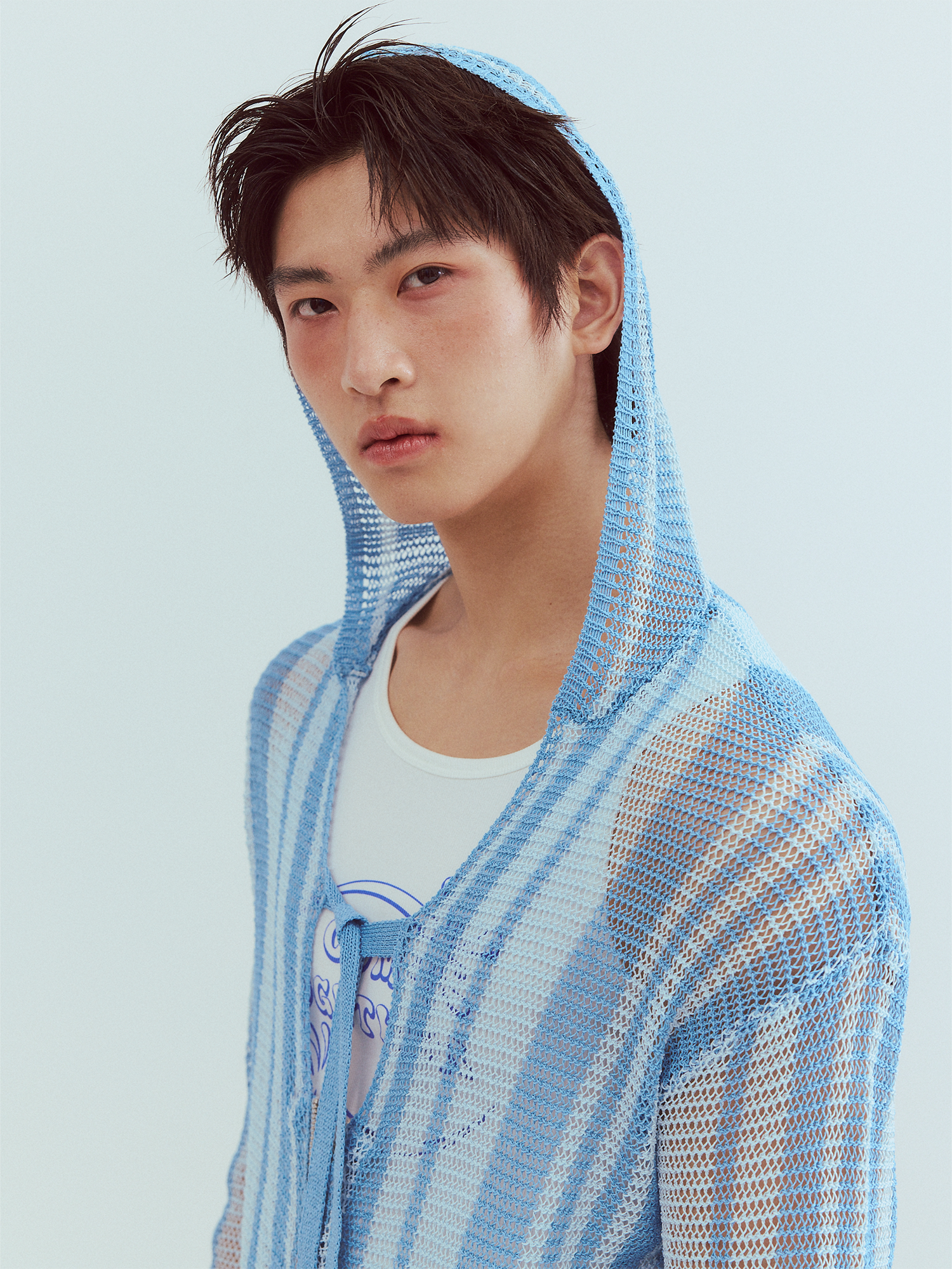 KADAKADA Striped Open-Knit Deep V Hooded Sweater, premium urban and streetwear designers apparel on PROJECTISR.com, KADAKADA