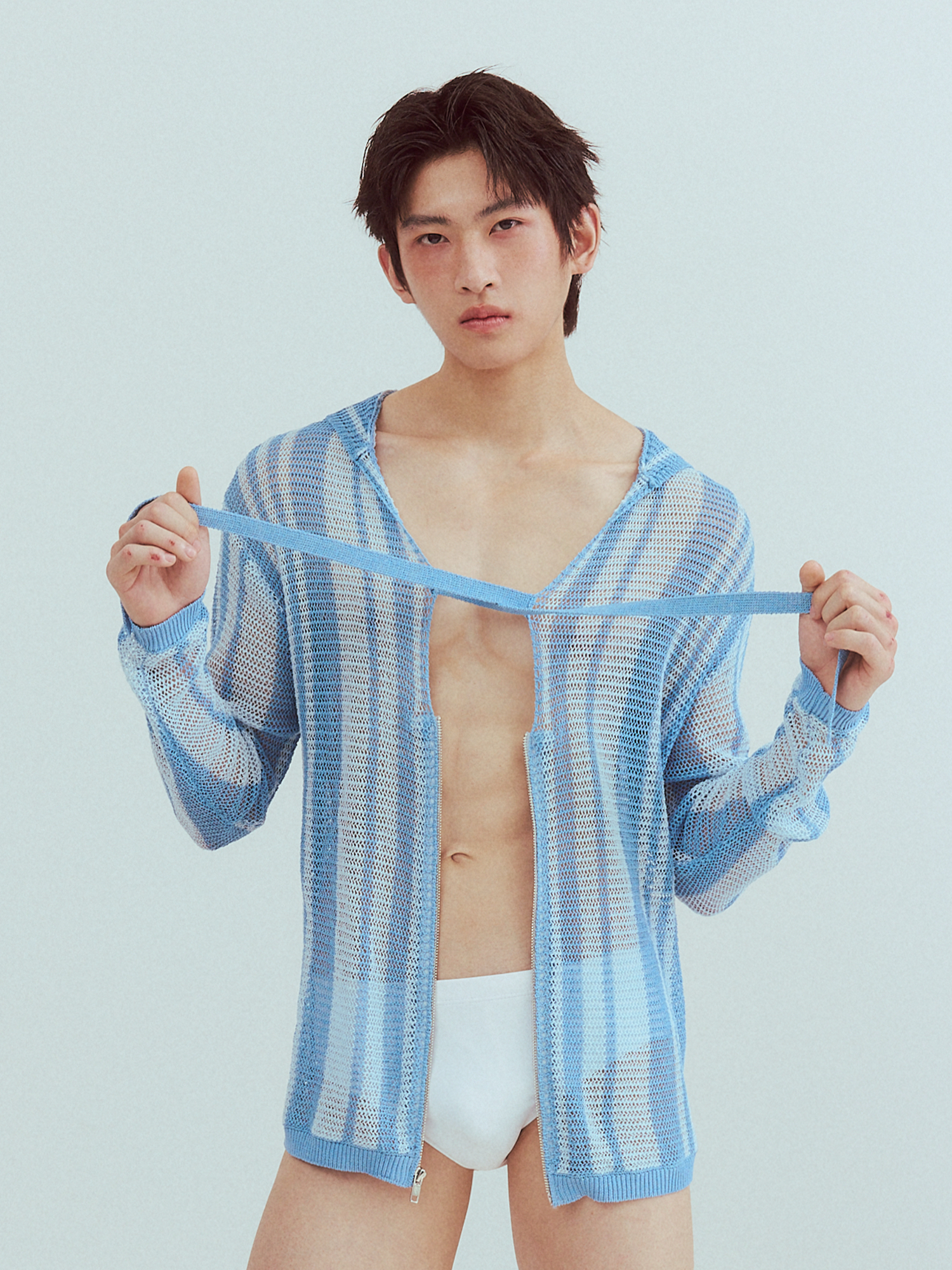 KADAKADA Striped Open-Knit Deep V Hooded Sweater, premium urban and streetwear designers apparel on PROJECTISR.com, KADAKADA