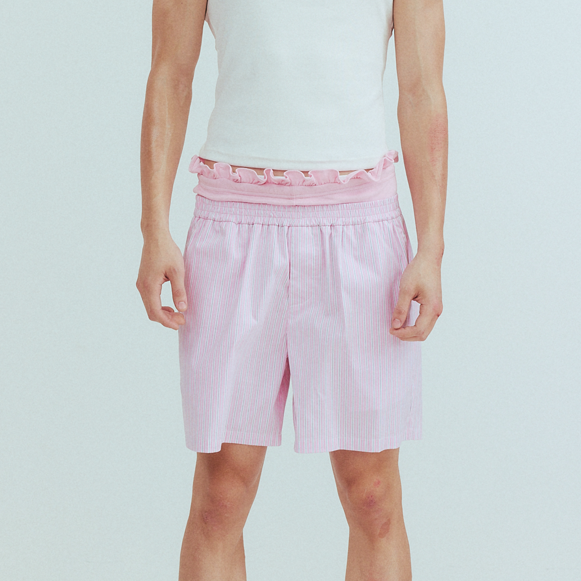KADAKADA Retro Striped Ruffle-Waist Layered Shorts, premium urban and streetwear designers apparel on PROJECTISR.com, KADAKADA