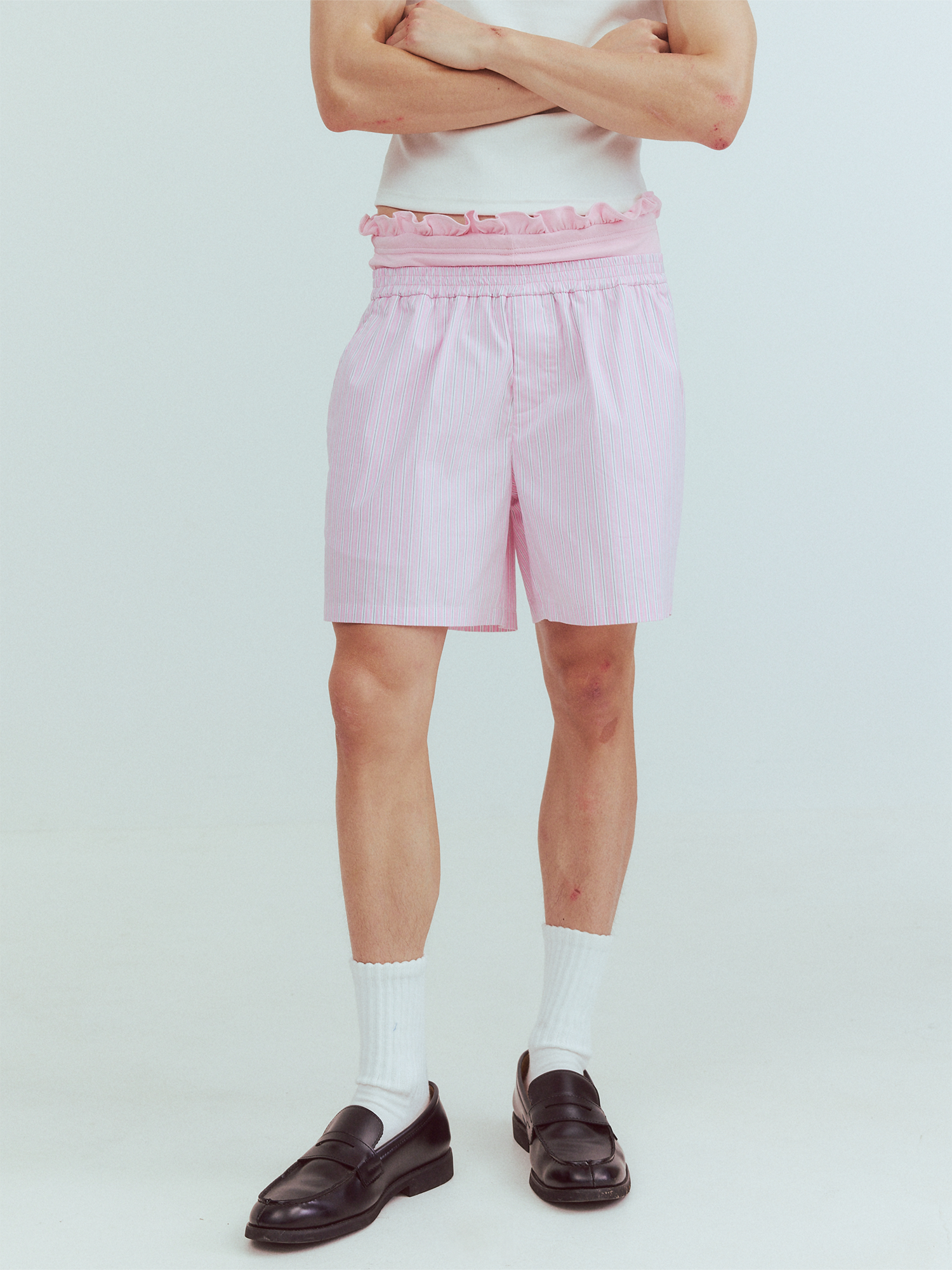 KADAKADA Retro Striped Ruffle-Waist Layered Shorts, premium urban and streetwear designers apparel on PROJECTISR.com, KADAKADA