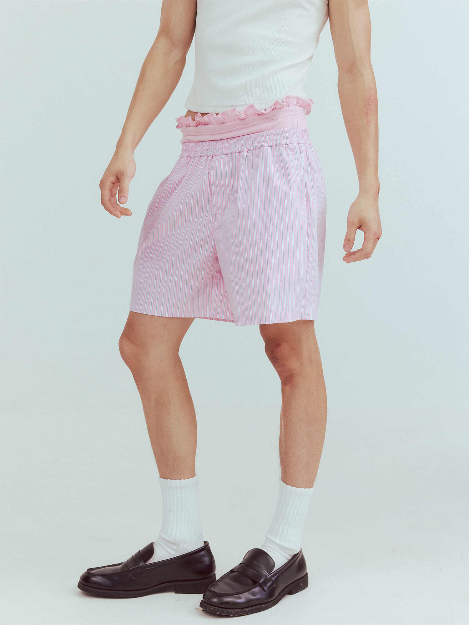 KADAKADA Retro Striped Ruffle-Waist Layered Shorts, premium urban and streetwear designers apparel on PROJECTISR.com, KADAKADA
