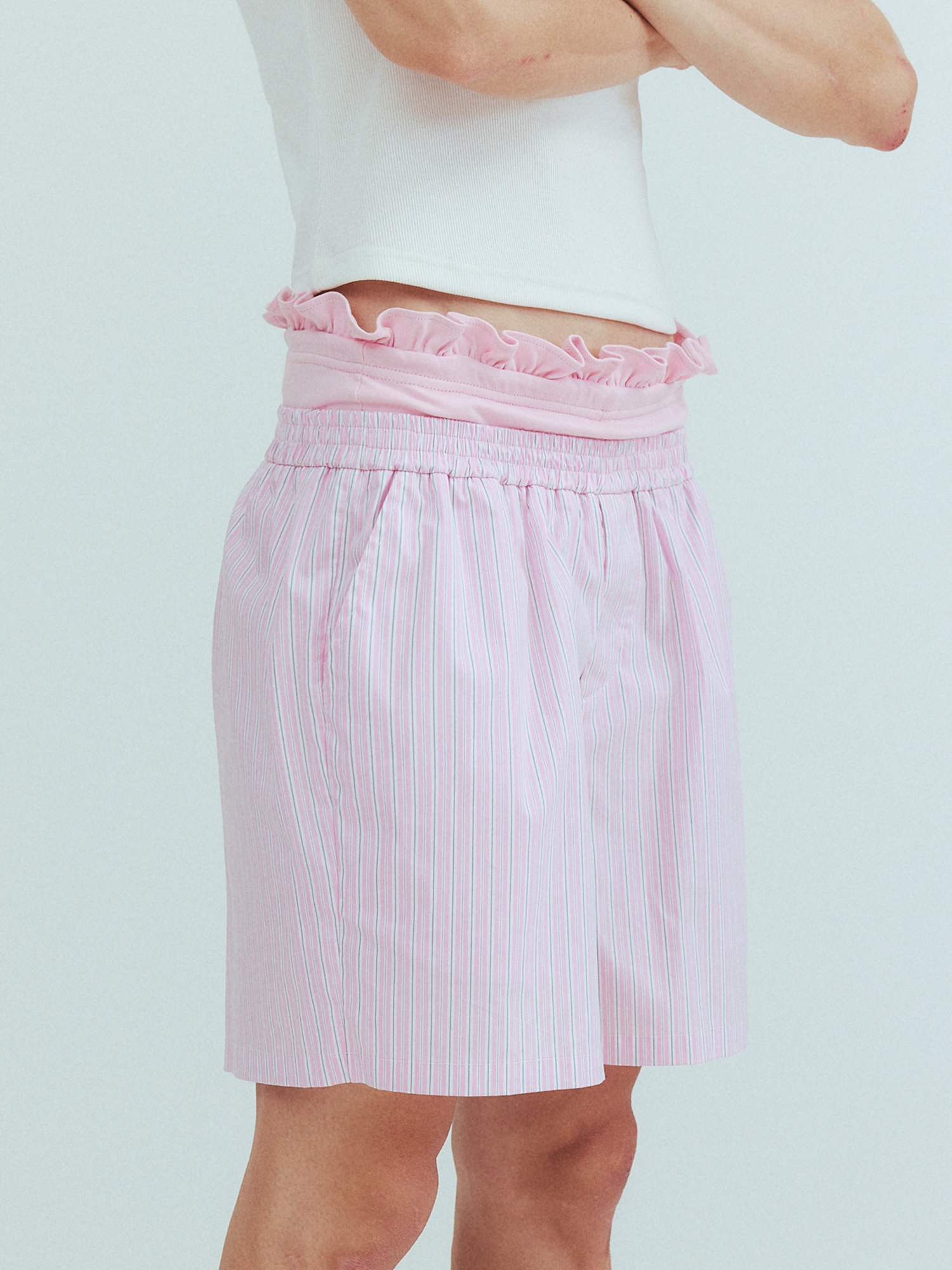 KADAKADA Retro Striped Ruffle-Waist Layered Shorts, premium urban and streetwear designers apparel on PROJECTISR.com, KADAKADA
