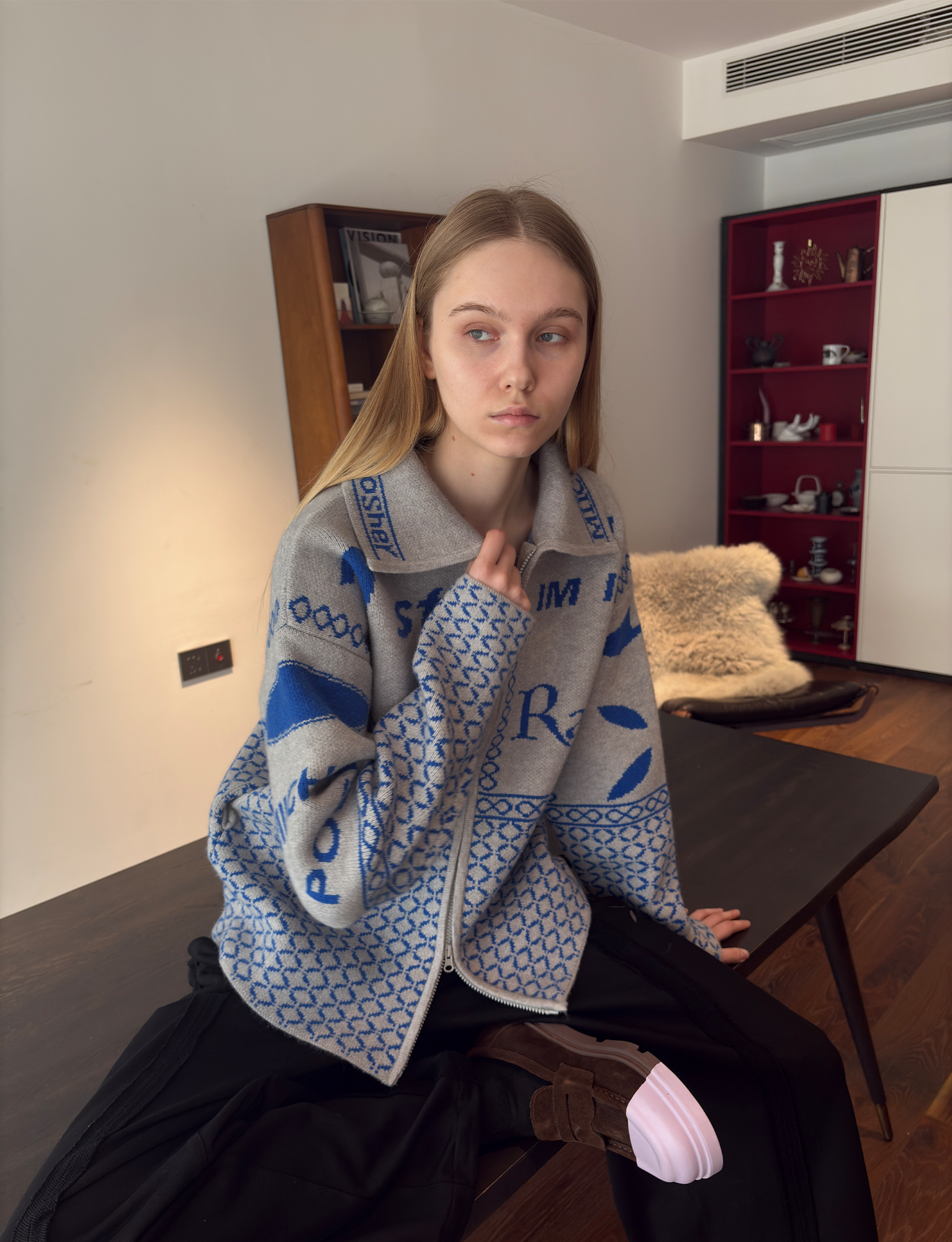 MIICHOUS Racer Geometric Jacquard Zip-Up Cardigan