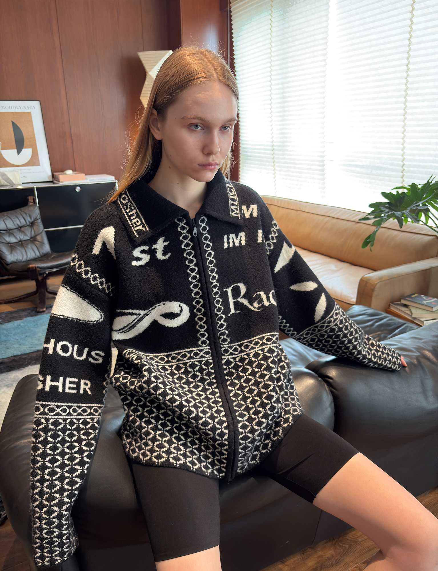 MIICHOUS Racer Geometric Jacquard Zip-Up Cardigan