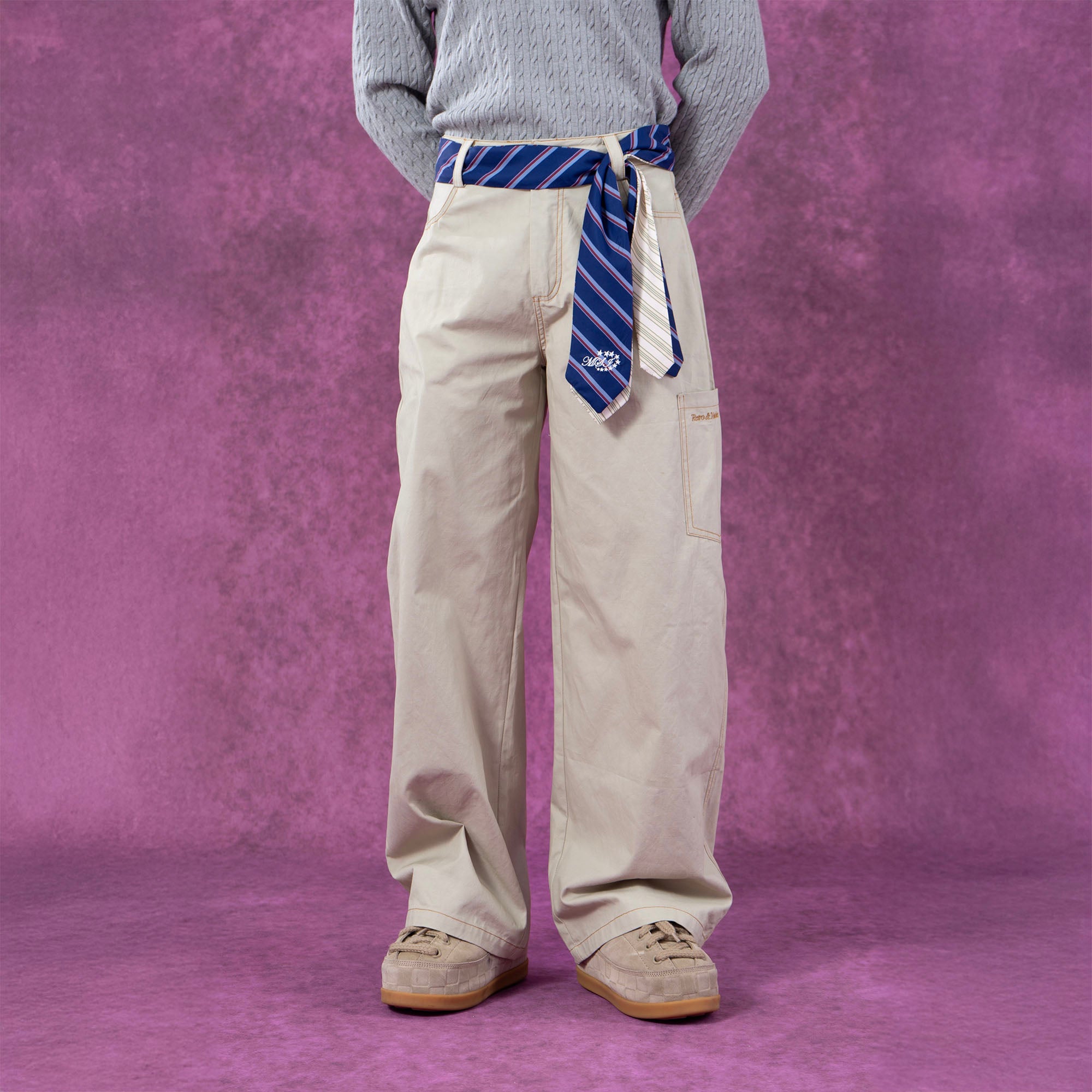 CLP Tie-Belt Multi-Pockets Stitched Pants